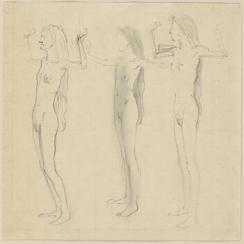 Ferdinand Hodler's graphite study for Day (Truth), with a faint grid of squares ruled across the sheet for transferring the figure to the canvas.