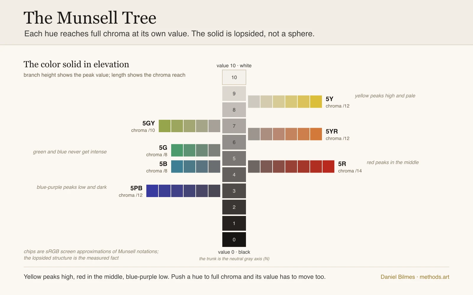 The Munsell color tree: the neutral value axis from black to white, with each hue family branching out to its peak chroma at its own value, yellow high and pale, red in the middle, blue-purple low and dark, so the color solid is lopsided rather than a sphere.