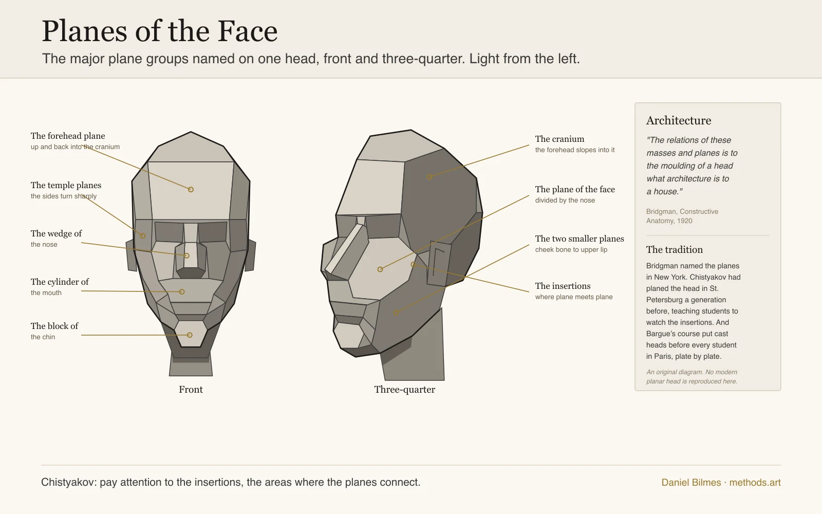 Planes of the face named on an original planar head, front and three-quarter: the forehead plane sloping up and back into the cranium, the temple planes turning sharply from it, the plane of the face divided by the nose, the line from cheek bone to upper lip breaking it into two smaller planes, the wedge of the nose, the cylinder of the mouth, and the block of the chin, with the insertions where plane meets plane, the groups as Bridgman wrote them in 1920 and as Chistyakov and Bargue had taught the same structure a generation before.