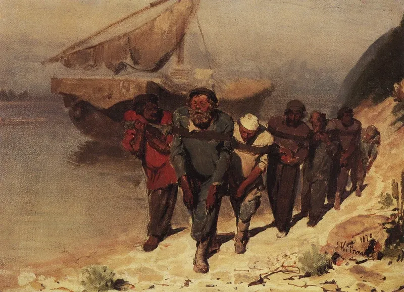 Ilya Repin's own 1870 oil study for Barge Haulers on the Volga, the whole team of haulers already worked out as one long line against the pale sand and water.