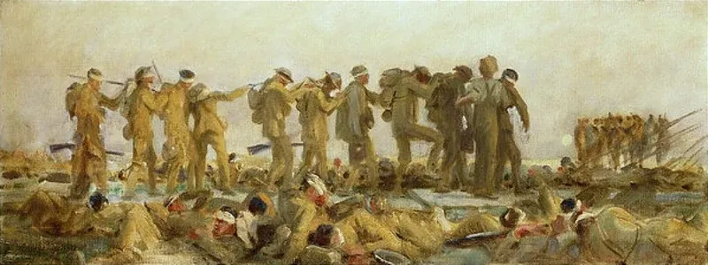 John Singer Sargent's own oil study for Gassed, the blinded soldiers already massed as one long tonal frieze with the fallen men laid along the foreground, before he scaled it up to the mural.