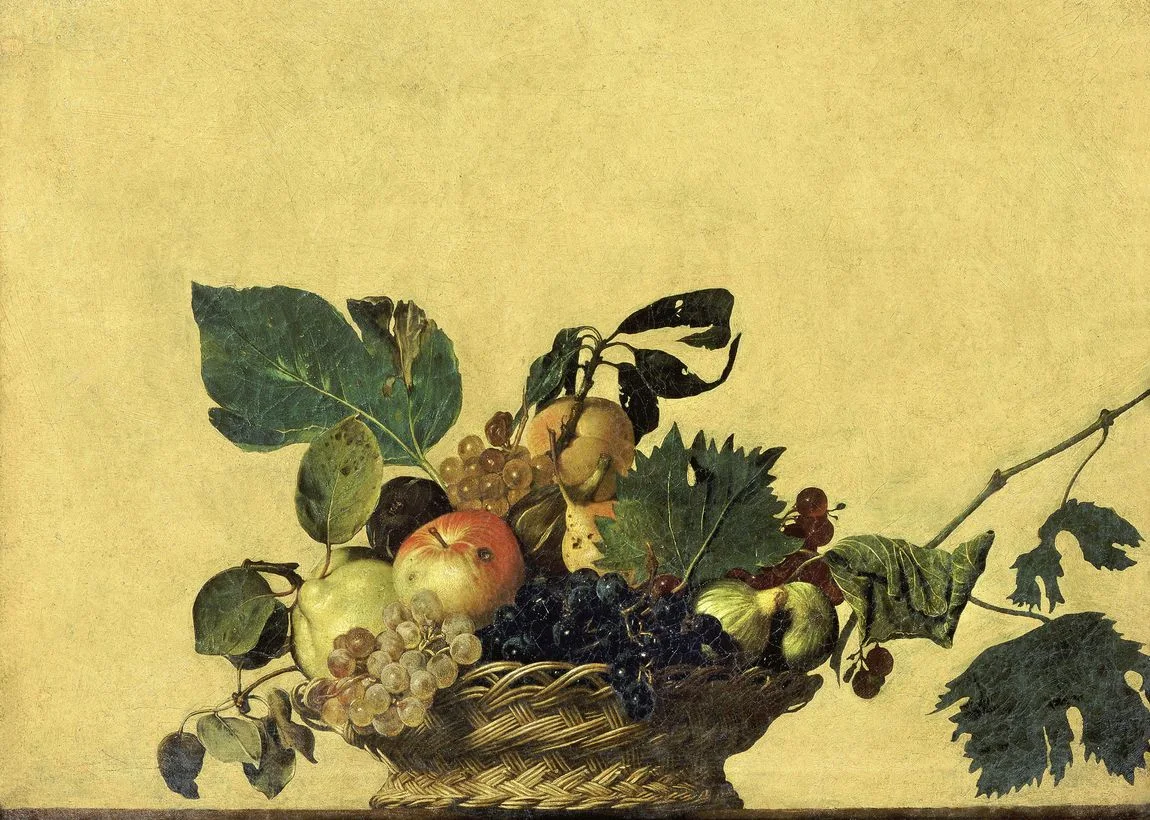 Basket of Fruit, the one independent still life that survives: leaves already curling and dry, a wormhole in the apple, the whole basket set at eye level against a plain light ground. The piecework skill standing on its own with nothing else in the picture.