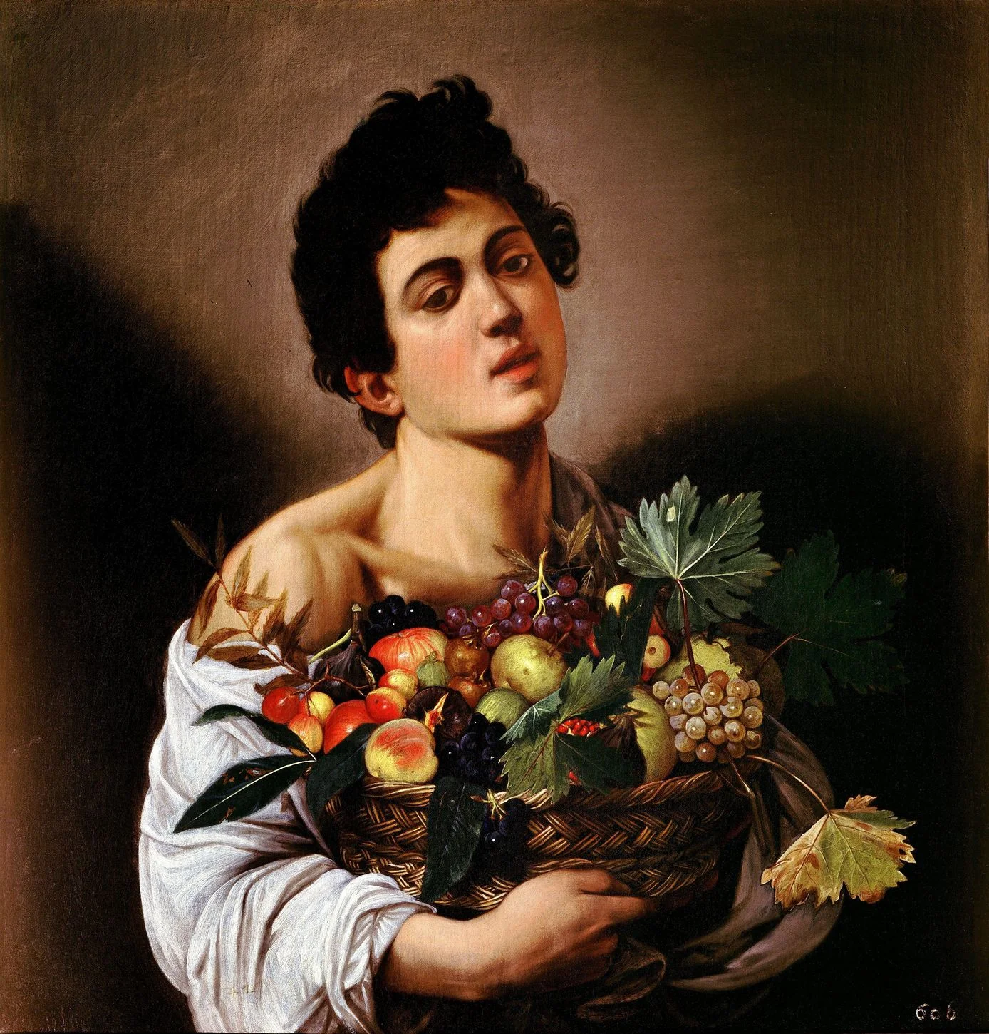 Boy with a Basket of Fruit, from the years of workshop piecework: the fruit and the leaves get more care than the boy does, each grape and each blemish studied separately. This is exactly the work he was being paid for at the time, and it is already better than the job needed.