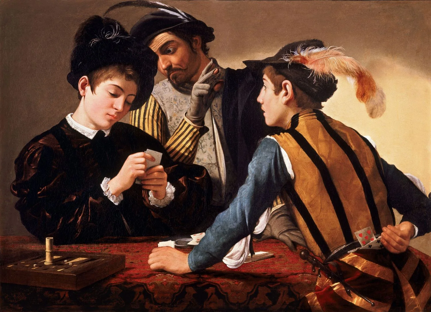 The Cardsharps, the picture that brought him Cardinal Del Monte and got him out of piecework: models hired and posed in the room, dressed from a box of props, the older cheat's fingerless glove and the hidden card set down as plainly as the faces.