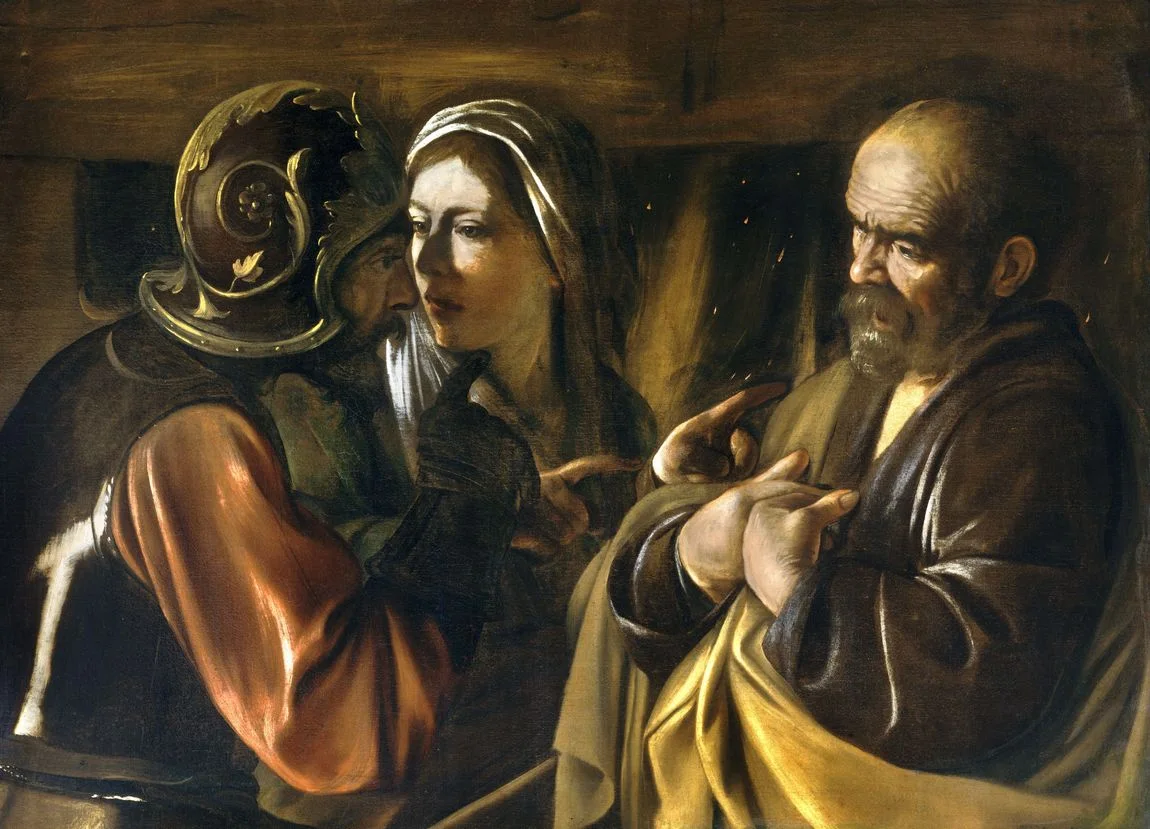 The Denial of Saint Peter, from the last year of his life: three heads and a knot of pointing hands carry the whole story, the paint thin and fast, the helmet and the fire set down in a few strokes. What the picture does not need has been left as ground.