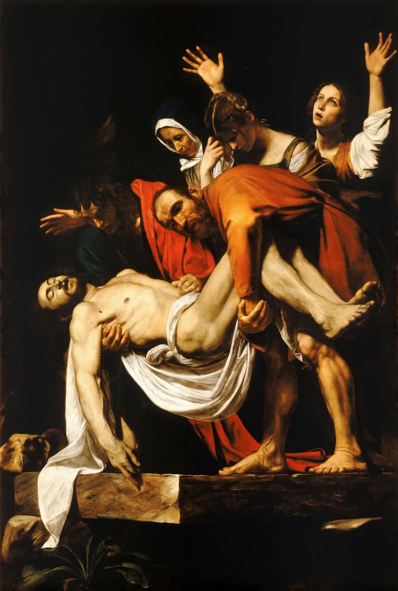 The Entombment of Christ, painted for the Chiesa Nuova in Rome: the studio method carried up to the scale of a public altarpiece, one light on the whole group, and the corner of the stone slab shoved out past the picture plane at the viewer.