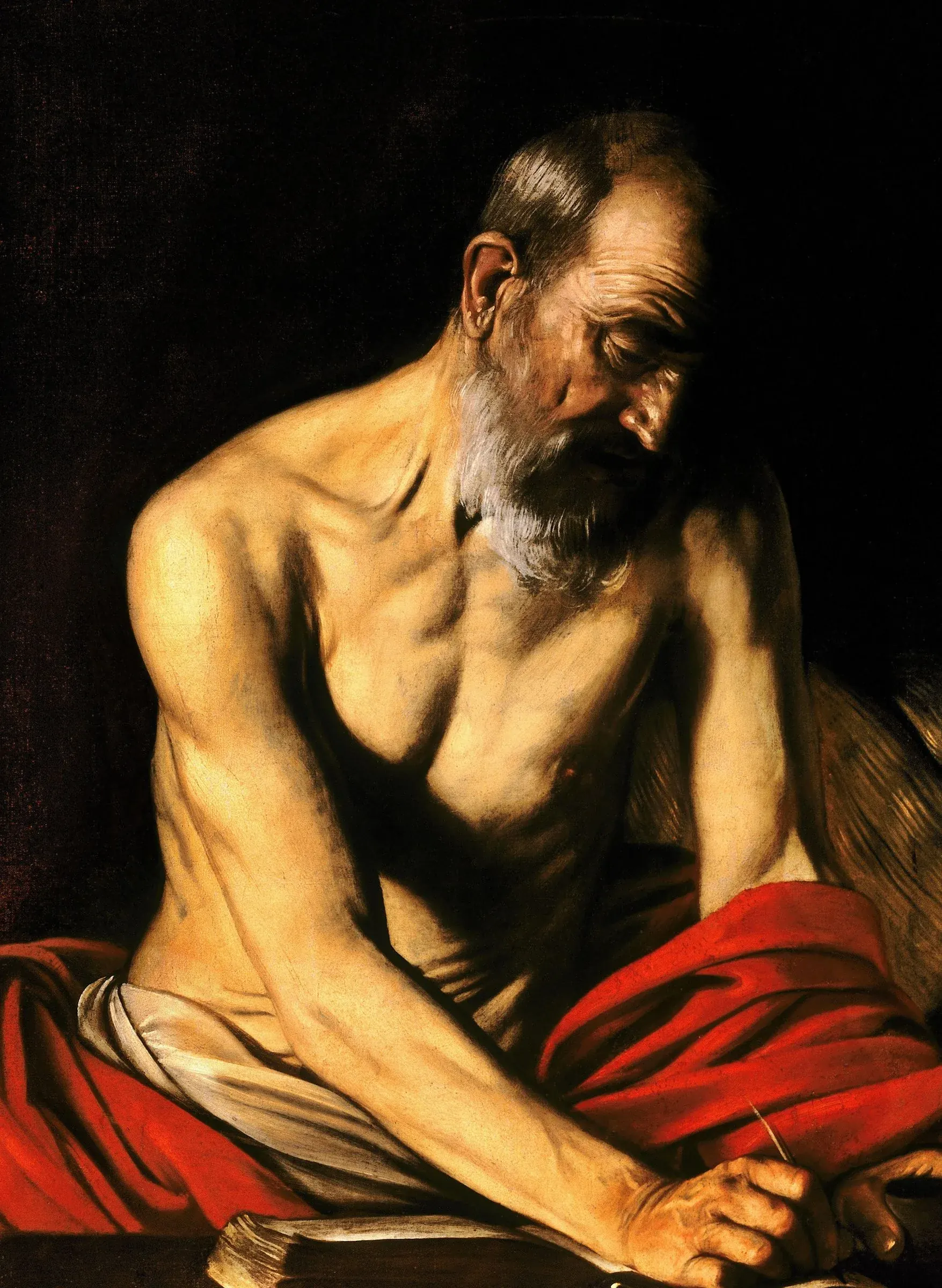 Caravaggio built the lit side of Saint Jerome in thick opaque paint and let the shadow side thin out until it runs into the dark ground with no edge between them. The same division of labor a late glaze depends on: the darks stay thin and transparent, and the paint gets thick only where the light is.