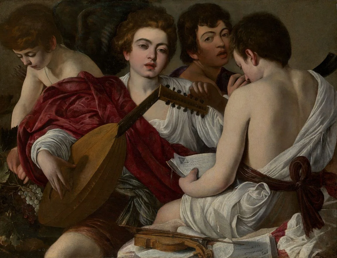 The Musicians, painted for Cardinal Del Monte in the first Roman years: four half length figures posed in the studio in costume with real instruments and a real sheet of music. Technical study has shown the four could not have sat together, so he built the group out of separately posed models.