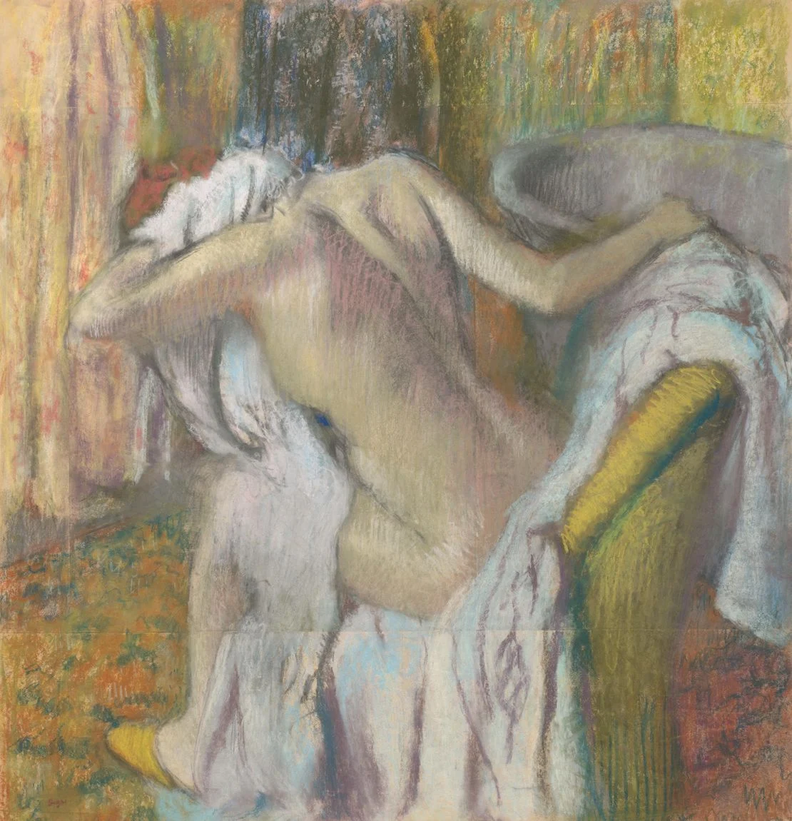 After the Bath, Woman Drying Herself: a late pastel just over a metre tall, on wove paper laid down on millboard, with the joins in the paper still visible across it. The colour goes on in long strokes that never blend, and the drawing is left showing through them.