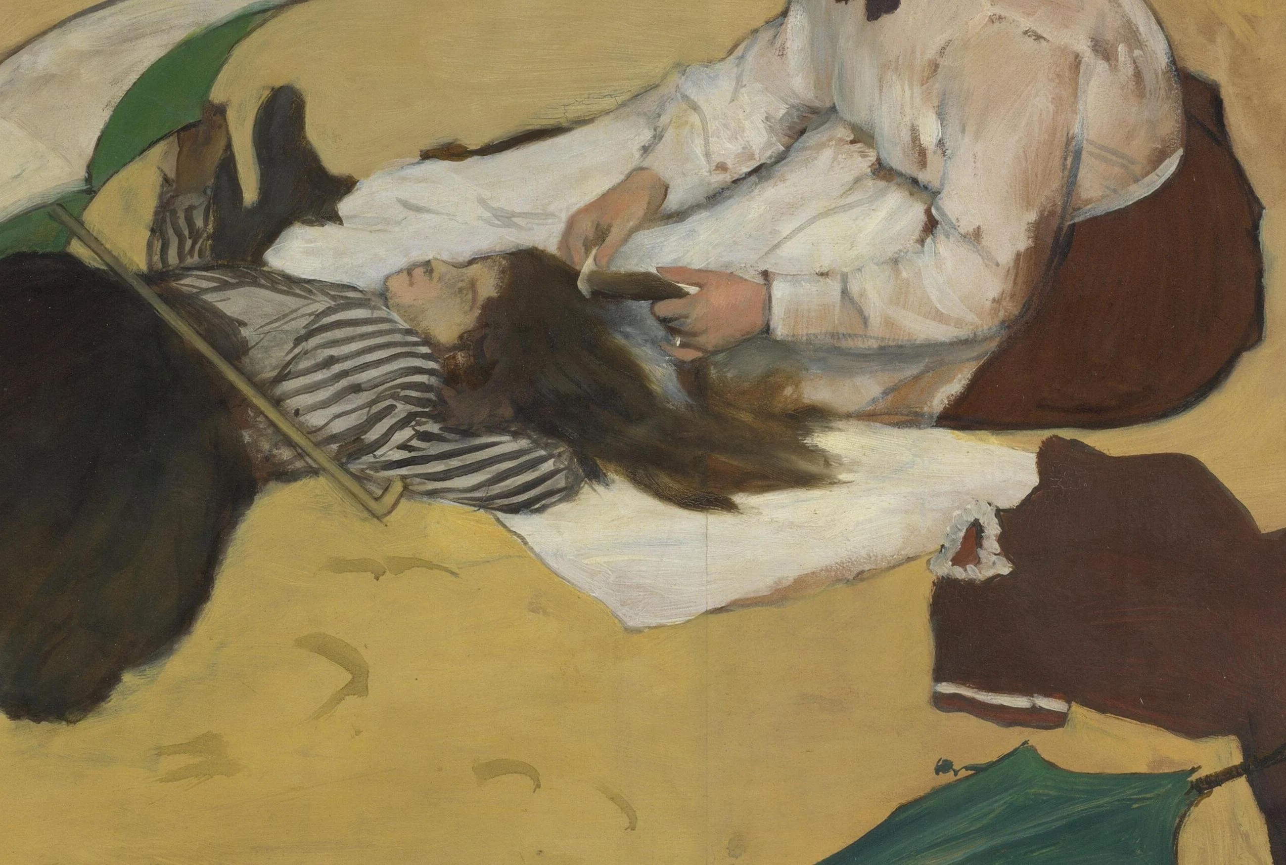 Detail of Beach Scene: essence at close range. The striped bathing dress is a few dry drags, the loose hair one loaded sweep, the sand a thin flat wash with the grain of the paper reading through it, and the join where two sheets meet runs straight down the white cloth.