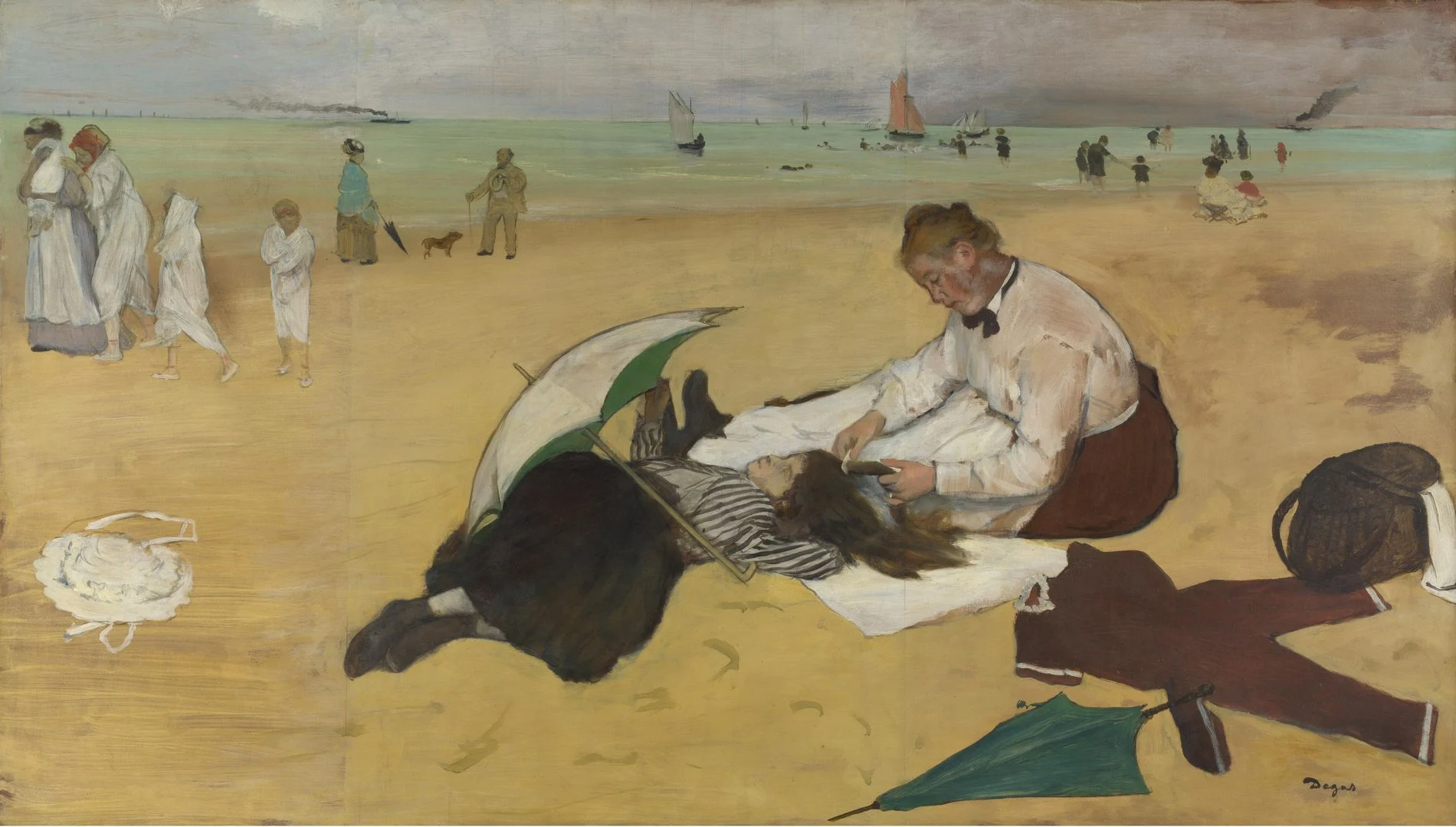 Beach Scene, painted in essence: the oil pulled out of the paint on blotting paper and the pigment thinned with turpentine, so the film dries fast and stays matte. The sand is one flat sheet of colour with the joins in the paper still showing through it. Degas told Vollard he made this picture indoors, with his flannel vest spread on the studio floor for the model to lie on.