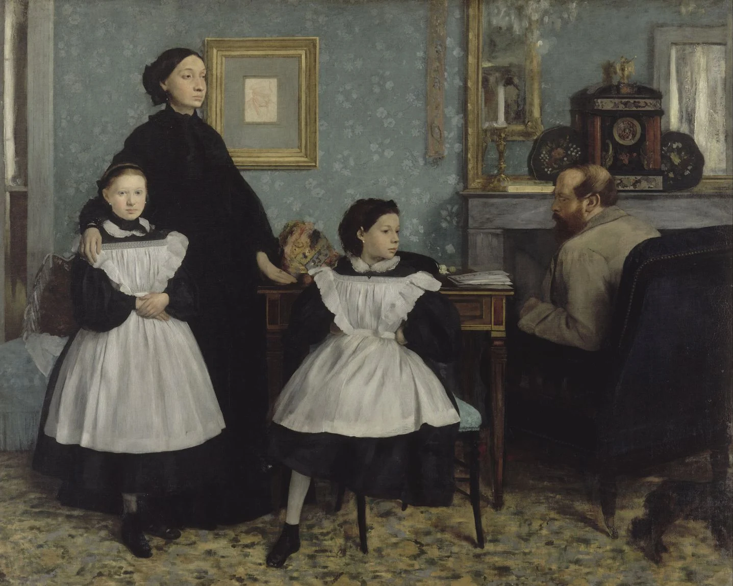 The Bellelli Family, his aunt Laure and her household, drawn in Florence during the Italy years and assembled into the big canvas back in Paris from those studies. This is the classical training still in full command, before the pastels and the monotypes.