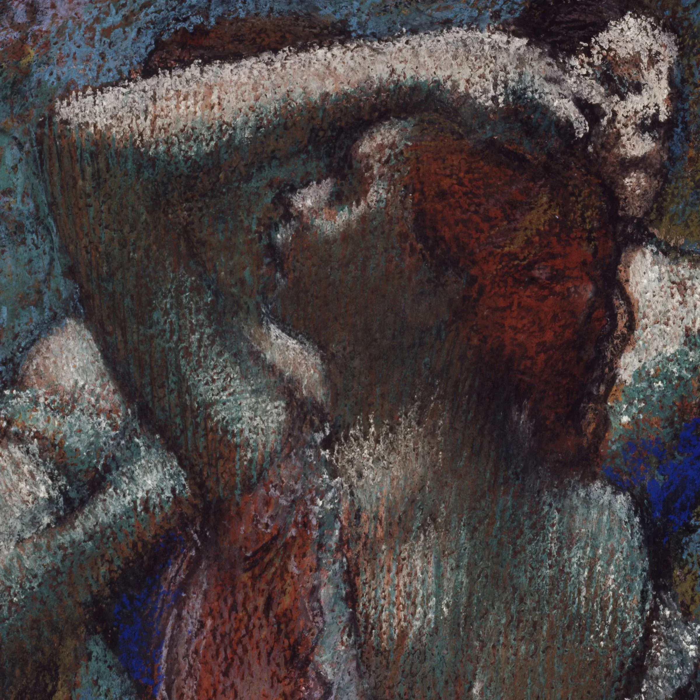 Detail of Dancers: pastel hatched over pastel, green over red over blue, every layer sprayed and set before the next one goes down so it holds instead of smearing. The sheet underneath is tracing paper, which is what most of the late pastels were drawn on.