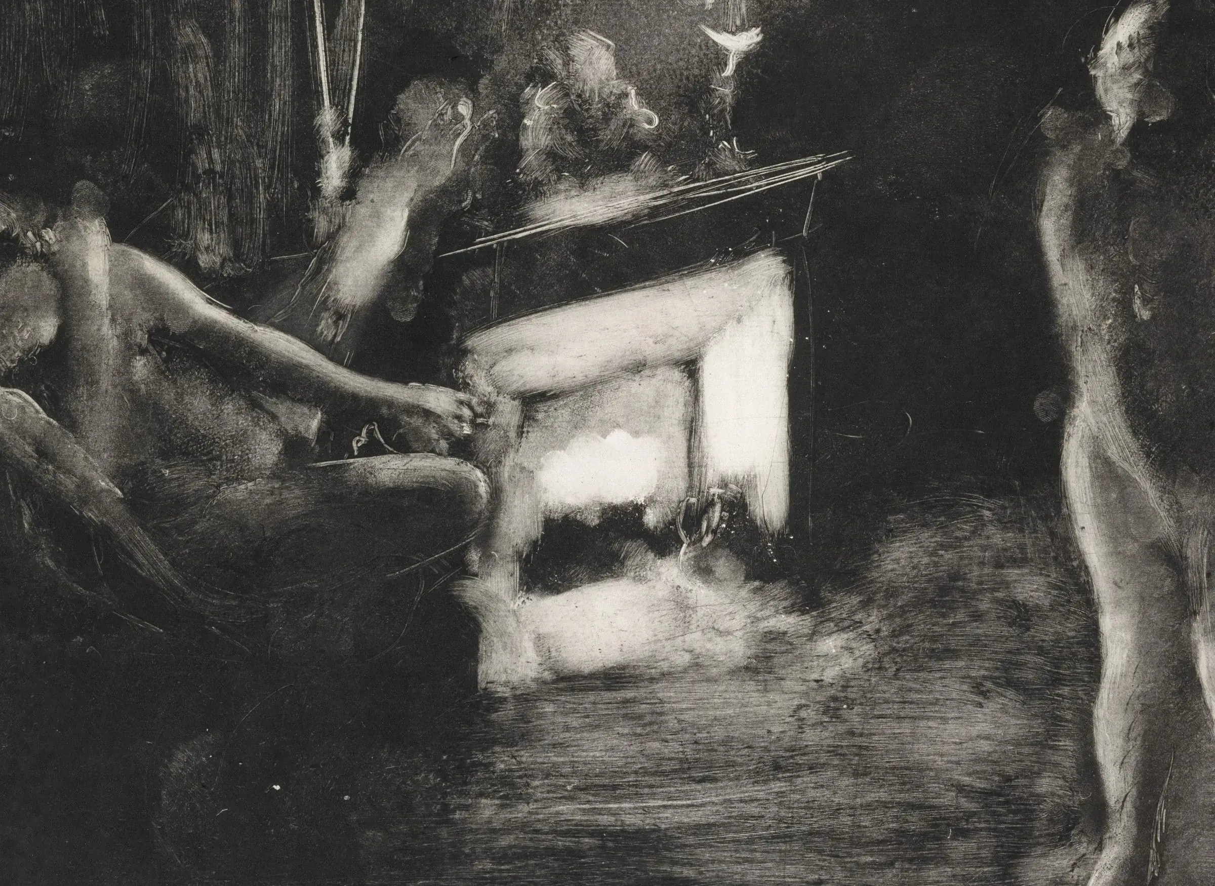 Detail of The Fireside: a monotype pulled from a plate covered in black ink, where every light in the picture was made by taking ink away. The fire, the woman's back and the arm reaching toward it are wiped out with rag, brush and thumb, not drawn in.