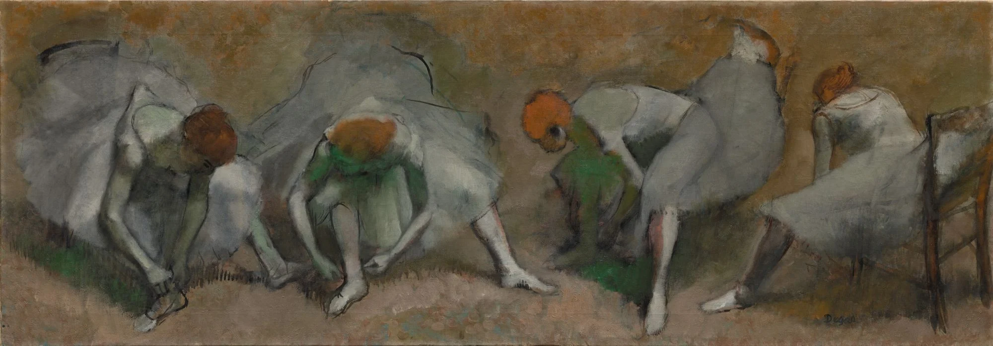 Frieze of Dancers, two metres of canvas: the Cleveland Museum of Art reads it as one dancer seen from four viewpoints, the same bent figure tying the same slipper, moved along the picture. The repetition method is not behind this painting, it is the painting.