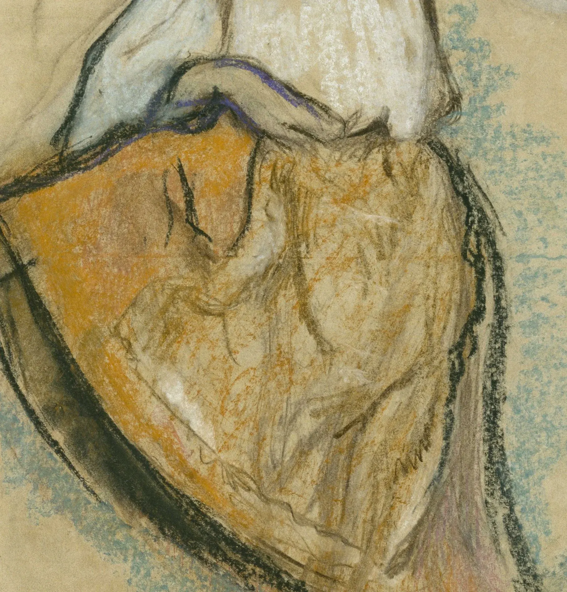 Detail of The Russian Dancer: the orange skirt is not one colour but a stack of them, white and grey dragged over the orange, the paper still showing at the top of every stroke. The black charcoal contour was put back over the whole thing at the end.