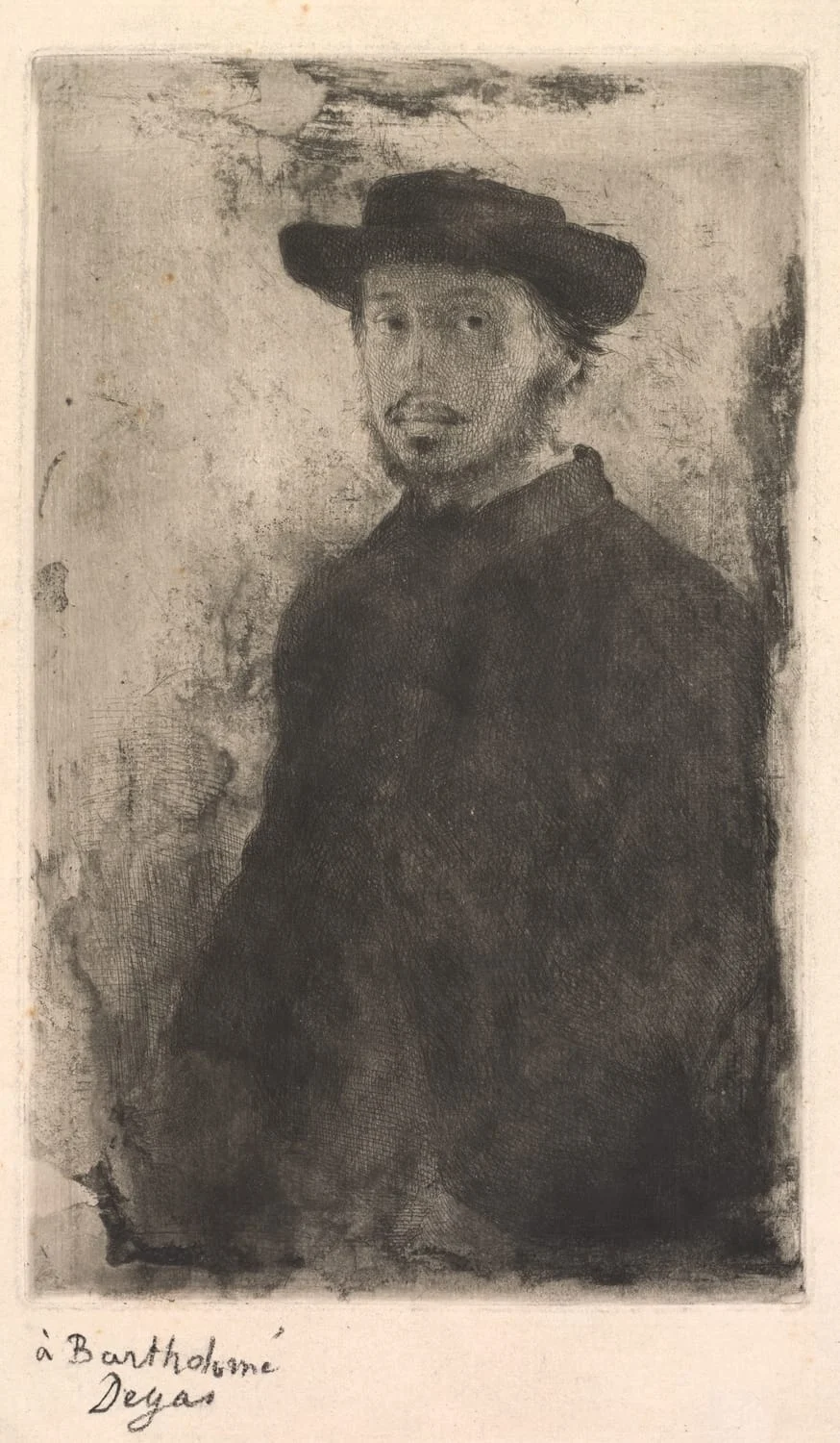 Self Portrait, 1857, the only printed self portrait he ever made. The dark is built by biting the plate again and again and by layers of crosshatching, and he wiped the copper by hand before printing to get the air around the head. He was in his early twenties, twenty years before the monotypes.