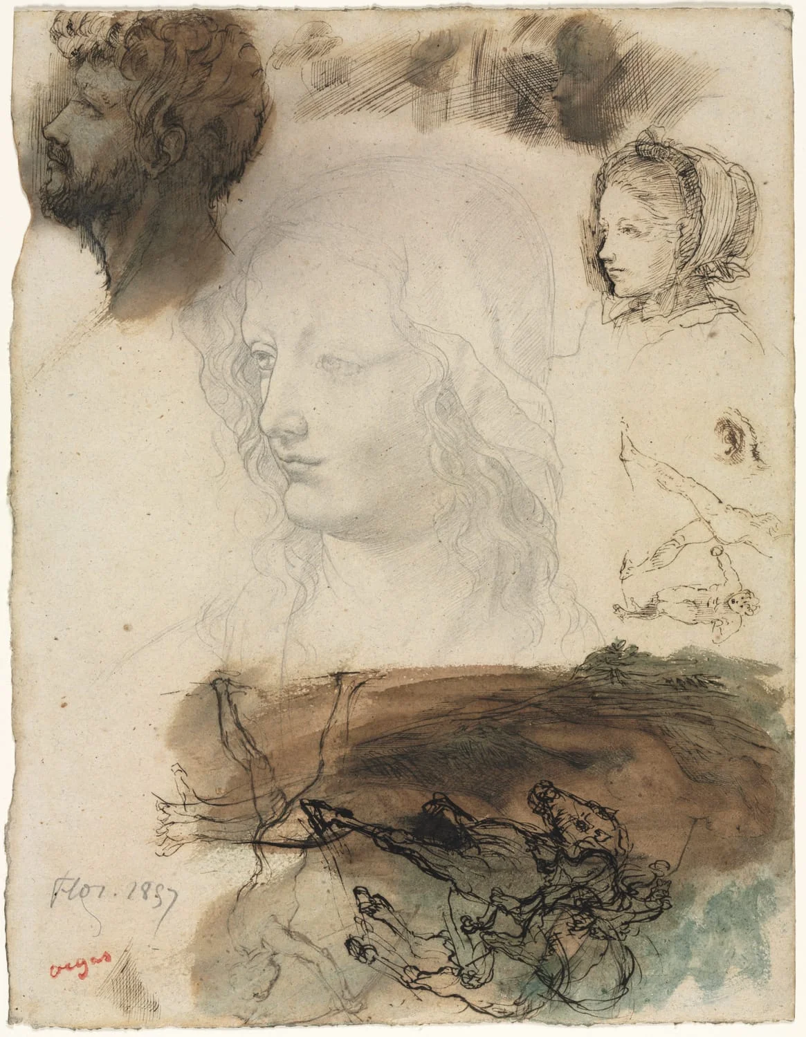 Sheet of Studies and Sketches, from the Florence years: the large head in graphite is copied from a drawing then given to Leonardo in the Uffizi, and the smaller sketches around it are his answers to Florentine sculpture, with a small portrait from life at upper right. He wrote Flor. 1857 on it himself, years later and a year out.