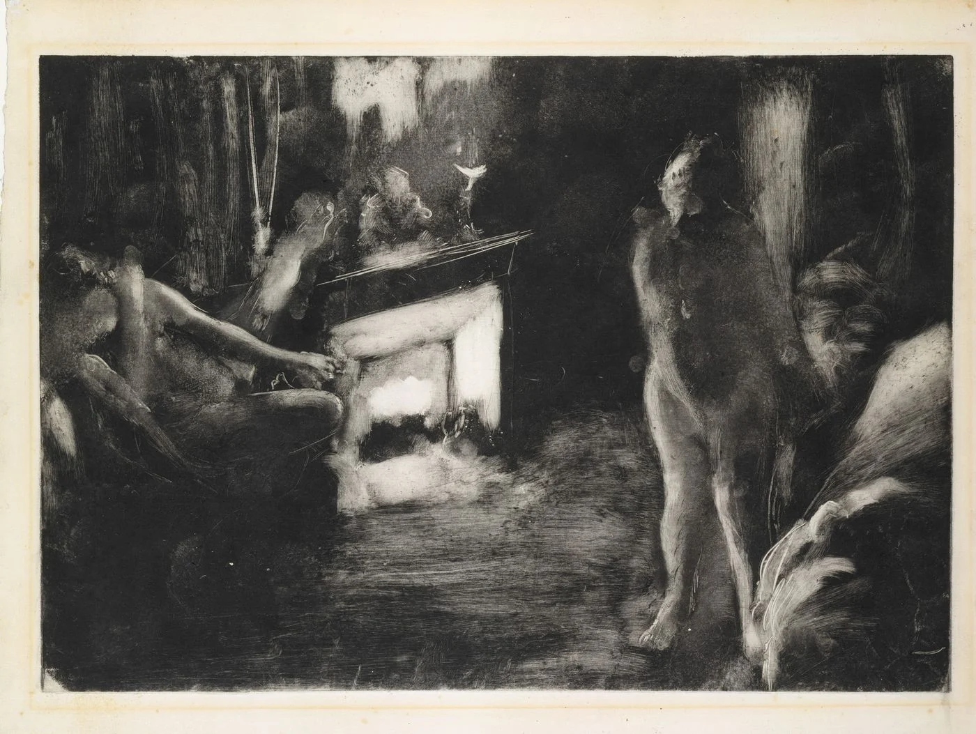 The Fireside, one of the largest monotypes he made, the plate forty two by fifty eight centimetres: printing ink rolled over metal, the image lifted out of it, then run through a press he owned himself. The plate gives one strong impression, and the faint second pull became a ground for pastel.