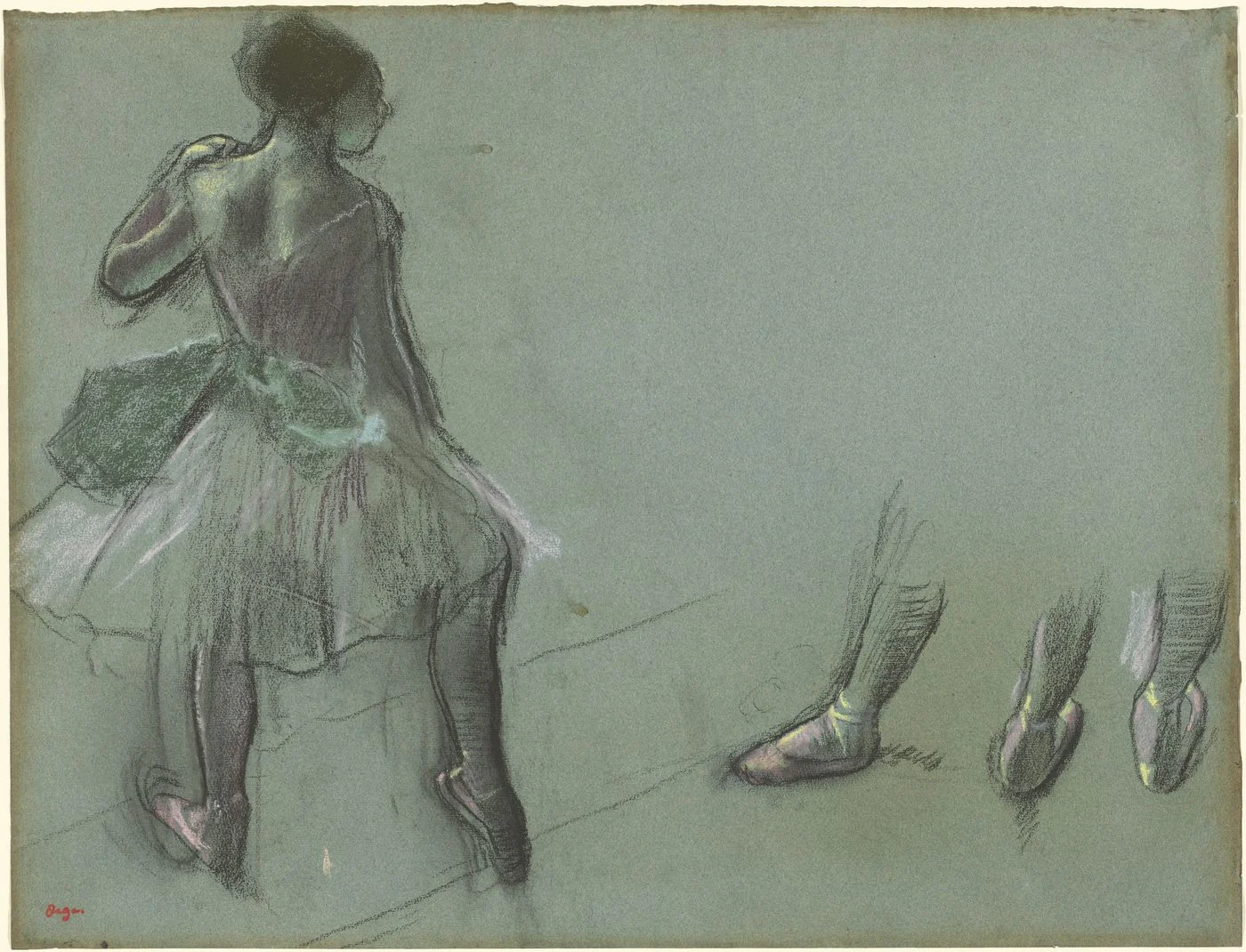 Dancer Seen from Behind and Three Studies of Feet: black chalk and pastel on blue grey paper, with the same foot in its slipper drawn three times across one sheet. He was not illustrating a dancer here, he was learning one shape well enough to use it later.