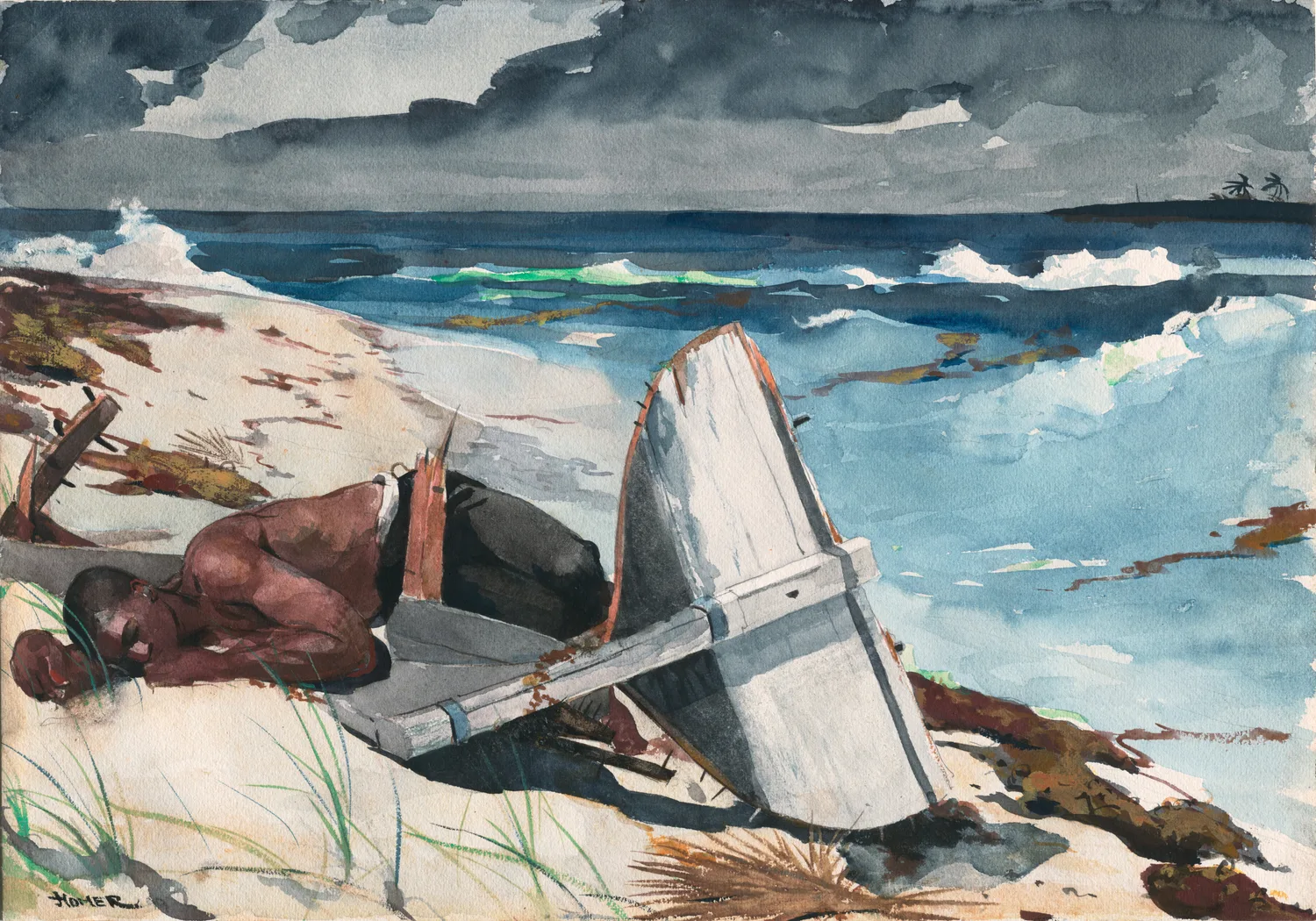 After the Hurricane, Bahamas, 1899, on a sheet thirty seven centimetres by fifty four. The Art Institute records rewetting, blotting and scraping in it. The surf on the reef, the lit edge of the hull and the dry sand are recovered paper, and the storm sky above them went on in two dark passes.