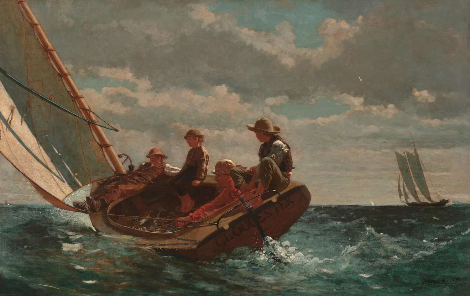 Breezing Up (A Fair Wind), worked on from 1873 to 1876, twenty years before the Prout's Neck seas. Boys and a boat carry the picture and the paint is smooth and level. What comes later takes the figures out and puts the whole weight on the water.