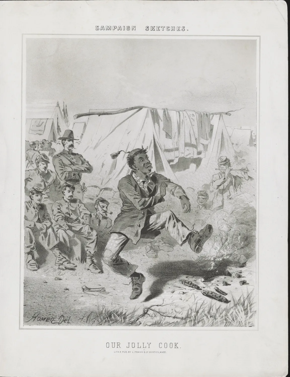Our Jolly Cook, from the Campaign Sketches of 1863: Homer back on the lithographic stone, this time drawing his own design, with HOMER Del written into the stone at the lower left. The trade he had hated at Bufford's is what let him publish the war under his own name.