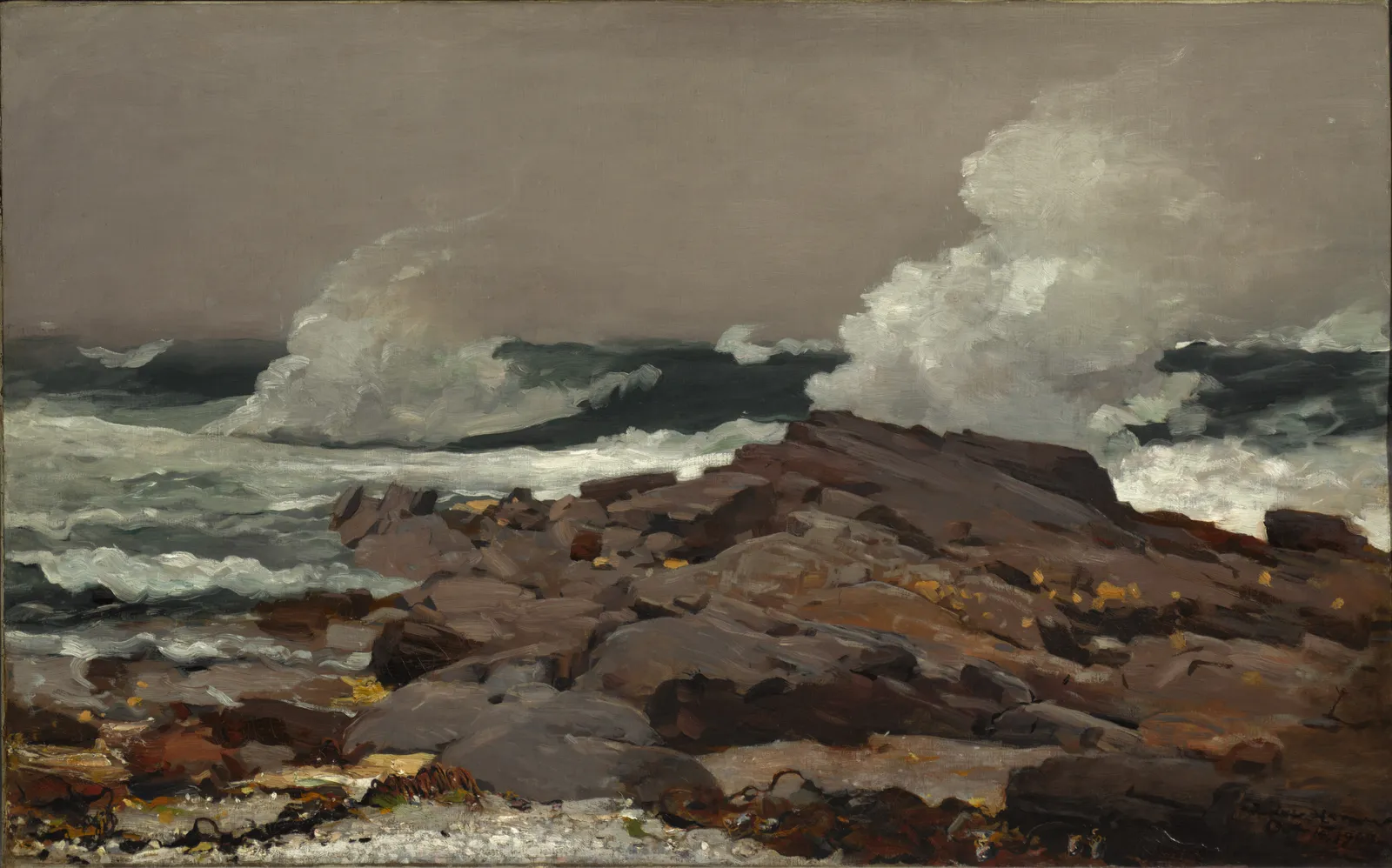 Eastern Point, signed and dated on the canvas itself: Winslow Homer, Oct. 14, 1900. This is the stretch of rock where Downes says the portable painting house was dragged out on runners in heavy weather, and where the shelter let Homer take a viewpoint lower than a man could safely stand on the ledge. The picture records one afternoon, not a kind of afternoon.