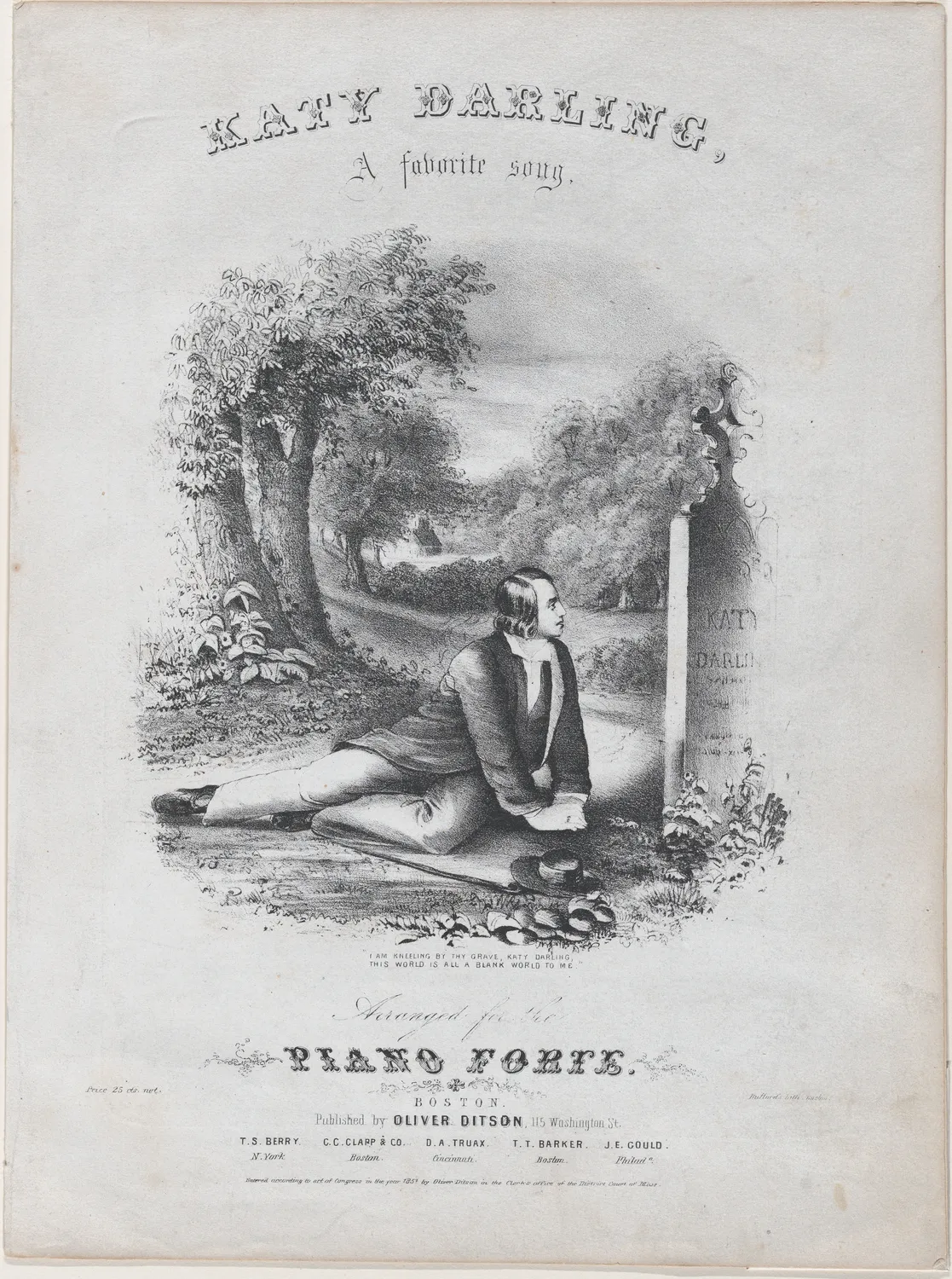 Katy Darling, a sheet music cover of 1857 and one of the first jobs he was given at Bufford's: another man's picture, put on the stone at nineteen. The imprint at the lower right of the sheet reads Bufford's Lith. Boston, and the line under the title names Oliver Ditson of Washington Street. Two years of this and he said he would never have a master again.