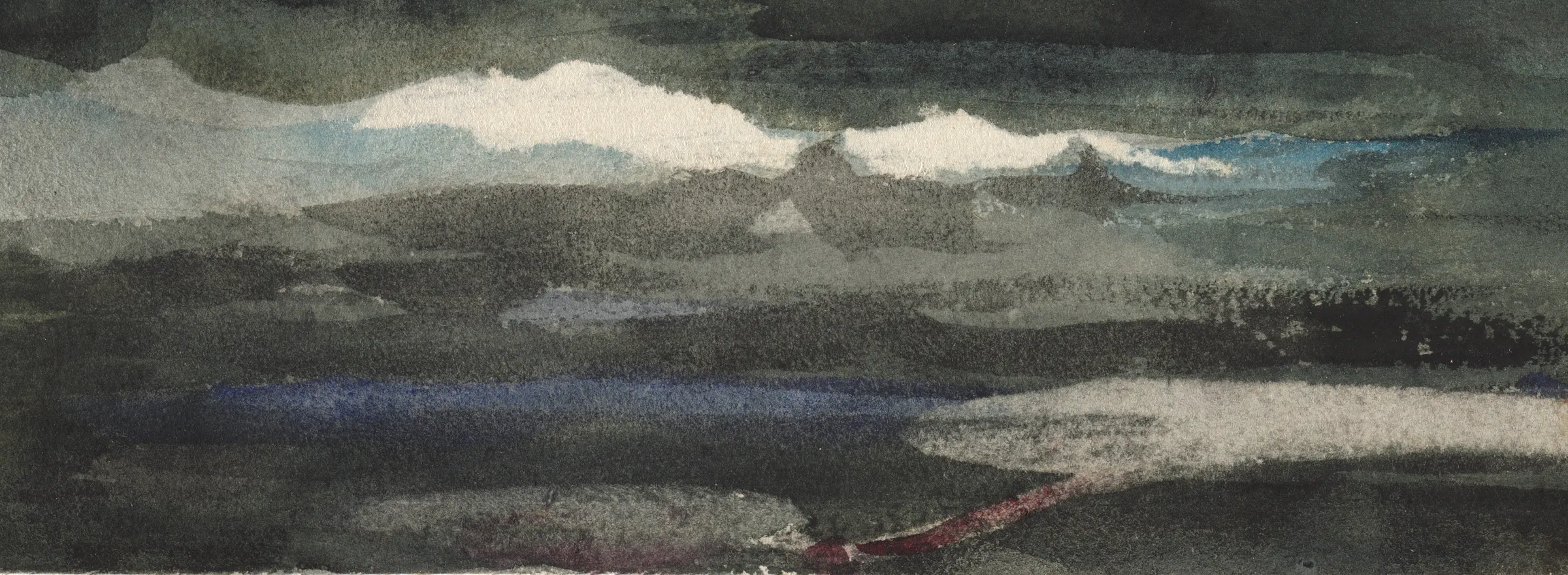 Detail at the foot of Leaping Trout: two white streaks scraped out of a dark green wash so the far water catches the light. One side of each scrape has a torn edge and the other a soft lifted one, which is how you can tell it was taken out rather than painted in.