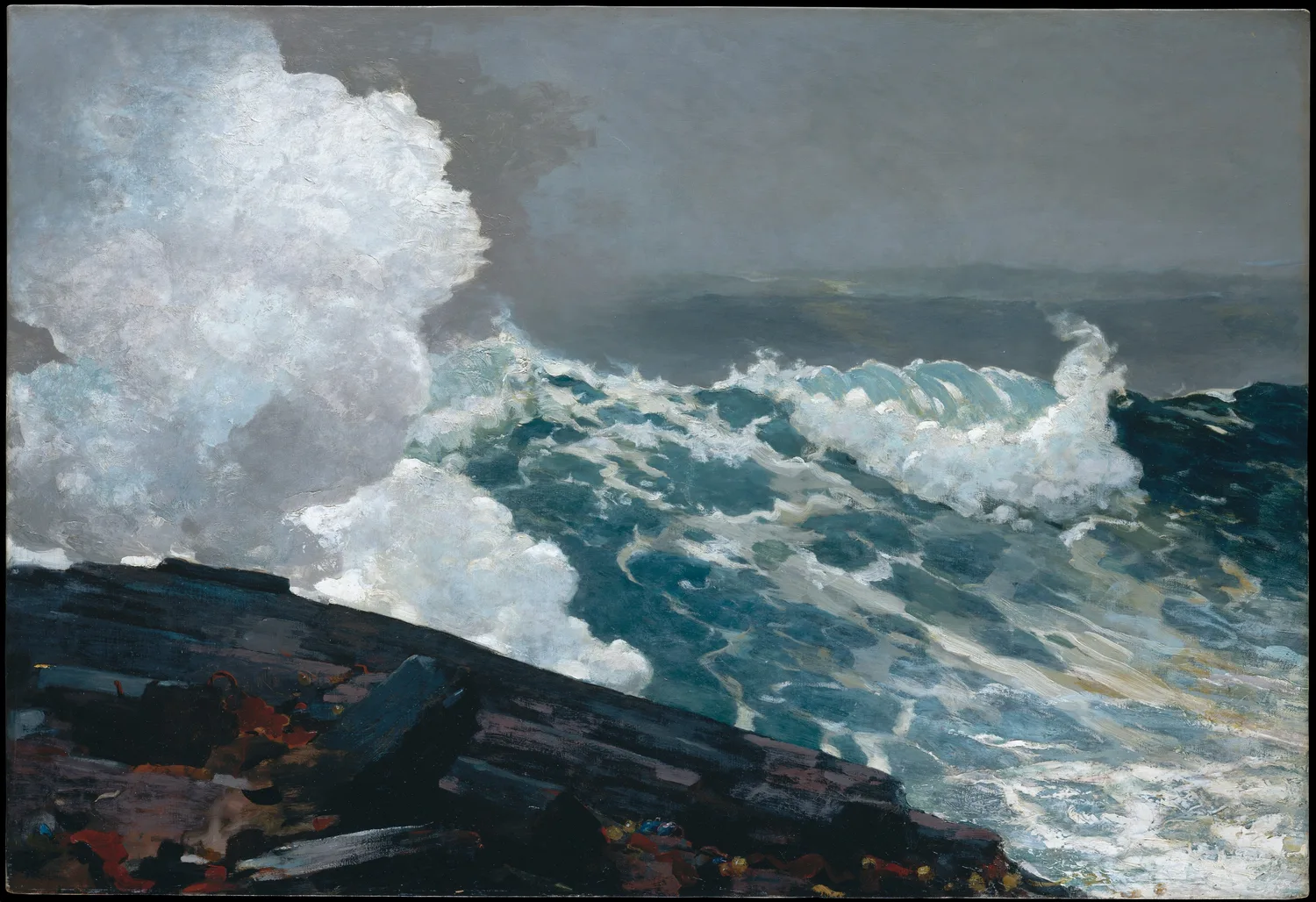 Northeaster. The Metropolitan carries two dates on it in its own record, 1895 and reworked by 1901. There is no boat and no figure in it, so the only thing giving the wave a size is the ledge in the foreground.