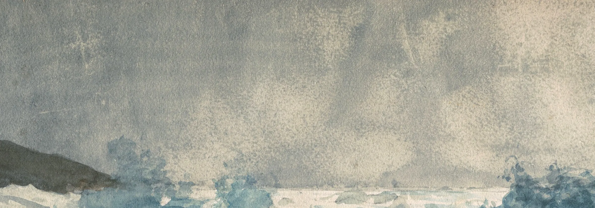 Detail of the sky in Prout's Neck, Breakers. The Art Institute records the sheet as watercolor with blotting and sanding over charcoal. Sandpaper has taken the grey wash off the top of the paper grain and left it down in the pits, and that speckle is the mist. Nothing was painted into this passage after the wash went down.