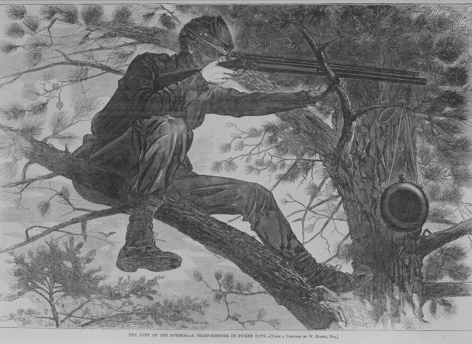 The Army of the Potomac, A Sharp-Shooter on Picket Duty, cut as a wood engraving for Harper's Weekly of 15 November 1862. Homer drew it on the block and a shop engraver cut it. Everything in it is line, no wash and no tone, only how close together the cuts sit. This is the medium he worked in for seventeen years.