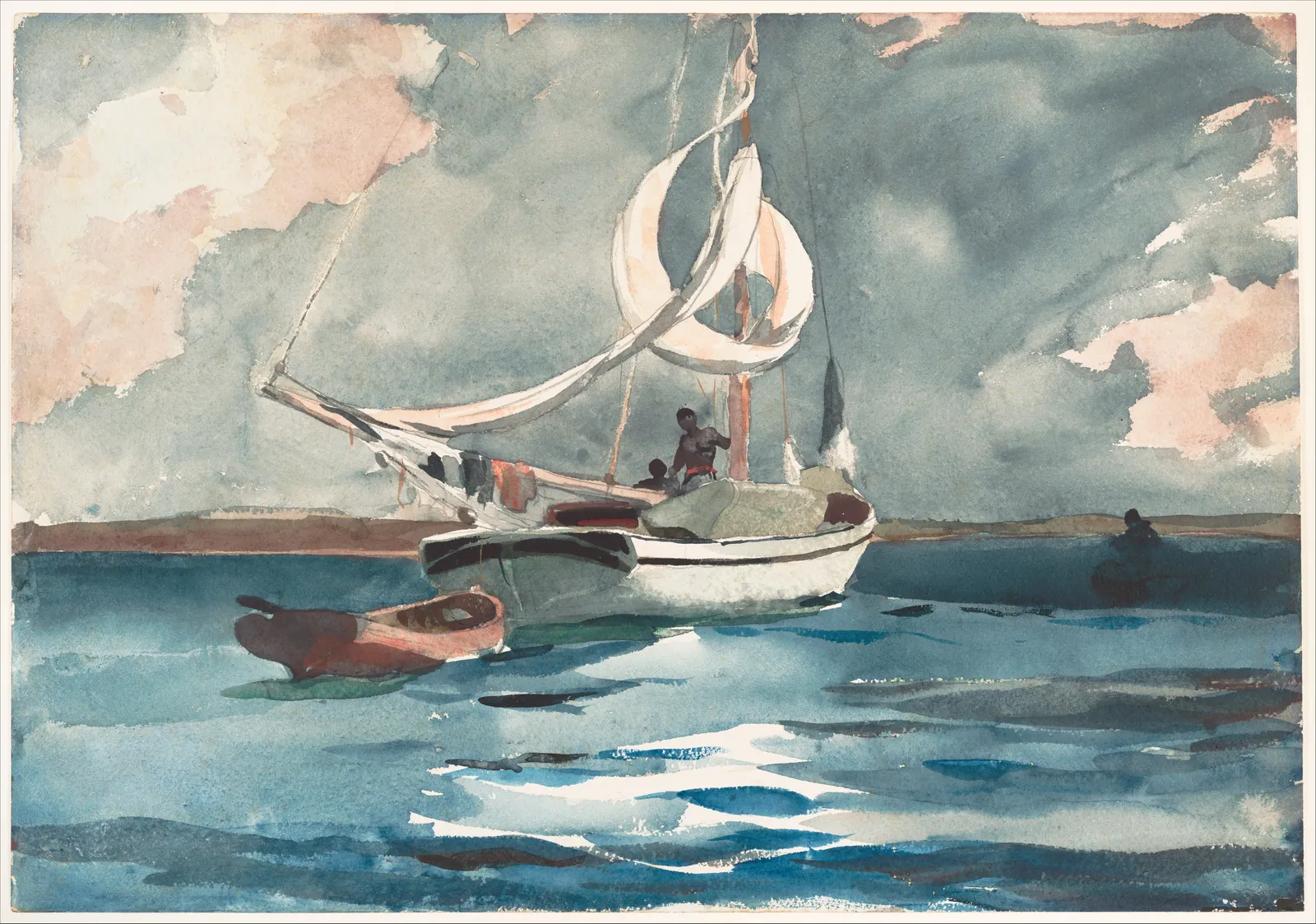 Sloop, Nassau, 1899, on a sheet fifty four centimetres across: the sail, the hull and the broken light on the water are all bare paper. Homer laid the sky and the sea around them and took back what he wanted returned. Nothing on this sheet is lighter than the paper, because nothing needed to be.