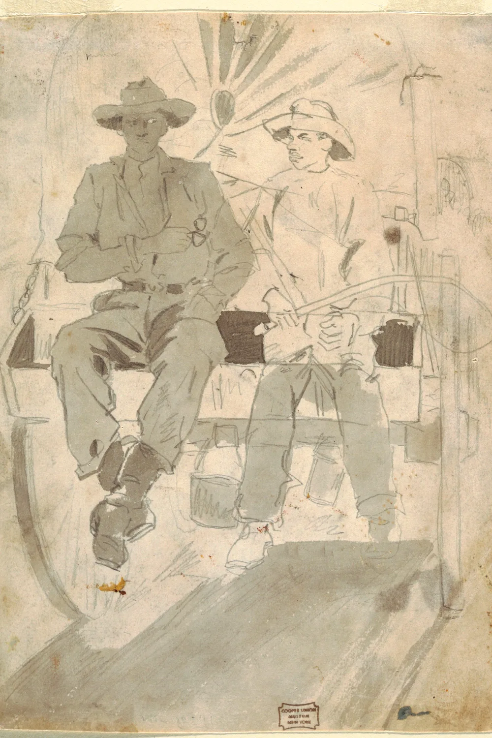 Two Men in an Army Wagon, drawn in the field in 1862 while he was following the Army of the Potomac for Harper's Weekly. Graphite and a brush of grey wash, nothing else. The wash blocks the two men as flat shapes first and the pencil goes back in for the harness and the wheel.