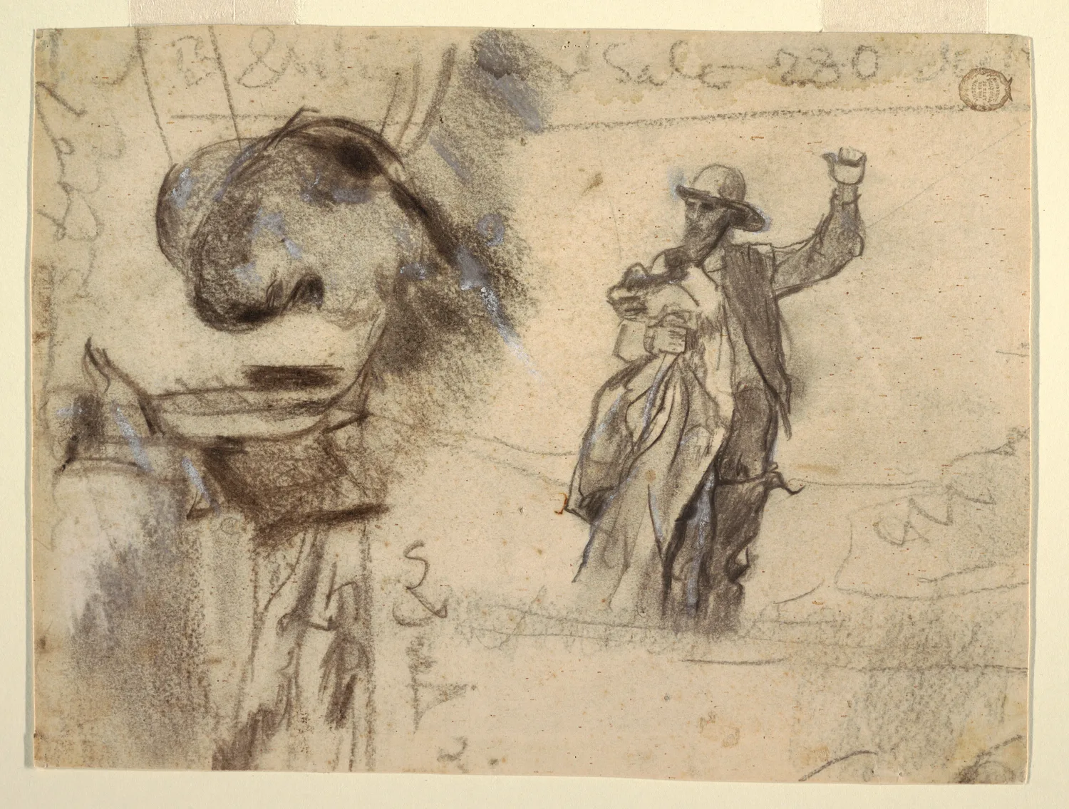 Two studies of a sailor with a raised arm, made about 1895 for The Lookout, All's Well and for The Wreck. Charcoal and black chalk for the dark, white chalk for the wet oilskin catching the light, cream paper left as the middle tone. He was near sixty and still drawing the figure out before he painted it.