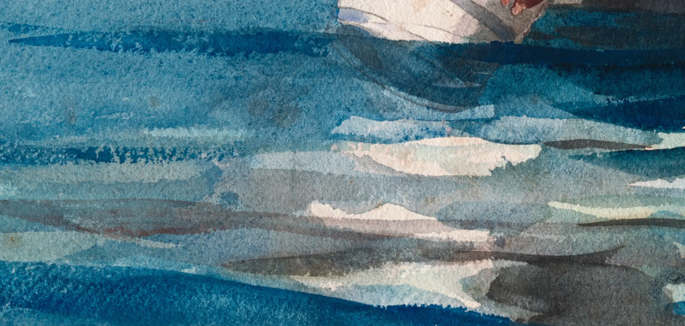 Detail of The Water Fan under the boat. The Art Institute lists this sheet as watercolor with blotting and touches of scraping. The pale bands are the blotting, wet colour pressed back off the paper with a cloth, and they lie flat on the sea instead of floating above it the way added white does.