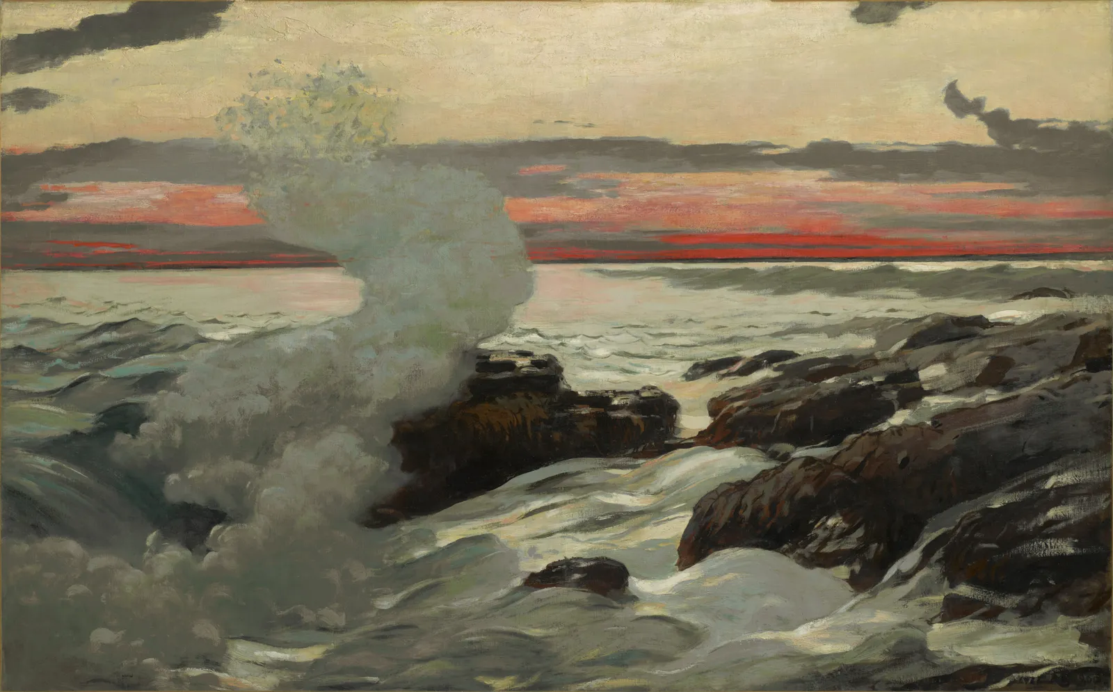 West Point, Prout's Neck, 1900: the burst of spray is the thickest paint on the canvas and the wet rock under it is the thinnest. The lights are loaded until they stand off the weave, the dark ledge is left as a stain, and the red band of sunset behind is one flat stroke.