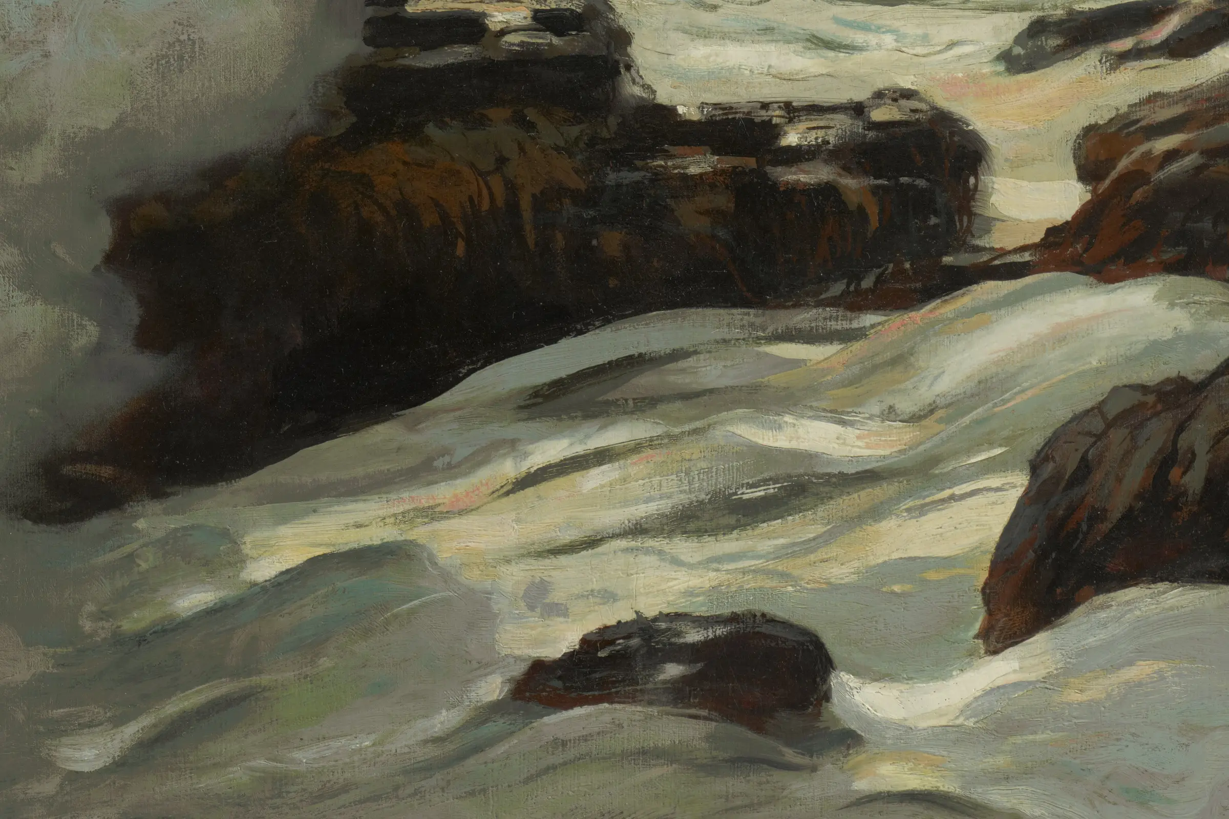 Detail of the surf in West Point, Prout's Neck: the lights are pasty and dragged in the direction the water is running, standing proud of the canvas weave, while the wet rock beside them is thin enough to read the weave straight through. The ridges catch the light in the room the way the foam catches it on the shore.