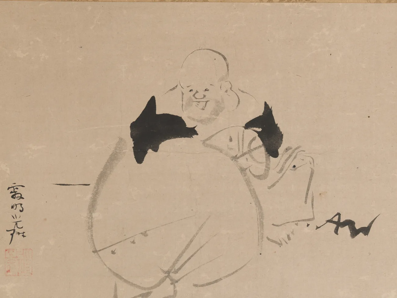 Hotei, a small ink scroll, the painting itself about twenty nine by thirty seven centimetres. The figure is a handful of dry grey strokes with two loaded black shapes dropped in for weight, and the face is drawn with a line thin enough to look like an afterthought. The man who laid gold across three and a half metres of screen also worked at this size, with this little.