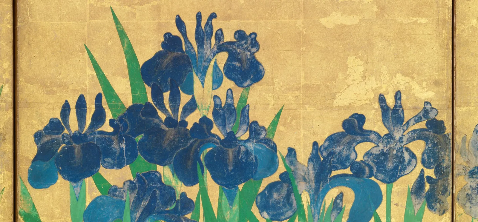Detail of Irises at Yatsuhashi in the Metropolitan Museum: there is not one black line anywhere in the flowers. Each petal is a shape of azurite put down wet and left alone, a darker blue laid over a lighter one, and the edge of the shape is the drawing. That is mokkotsu, the boneless method, form built out of colour with no contour holding it in.