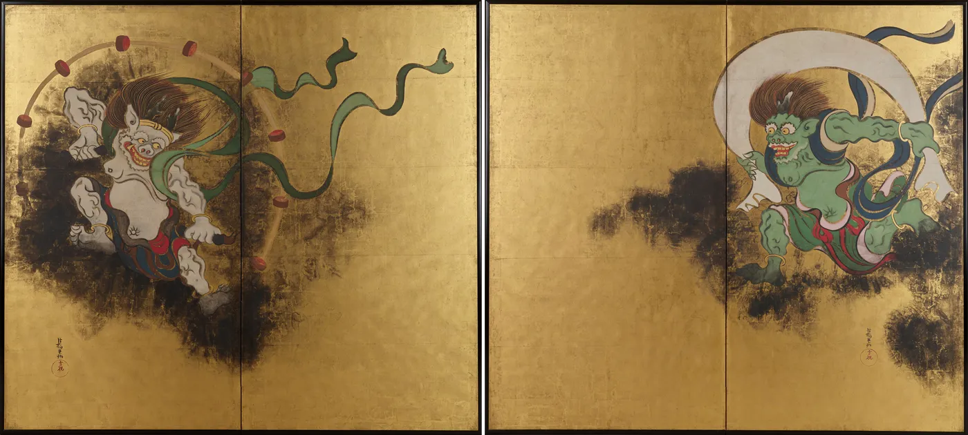Kōrin's replica of it, now in the Tokyo National Museum and an Important Cultural Property. He moved both gods inward so each one sits whole inside its own panel instead of being cut by the edge, and he turned their eyes toward each other rather than down. Copying a picture stroke for stroke is how you find out what its decisions actually were, including the ones you would not have made.