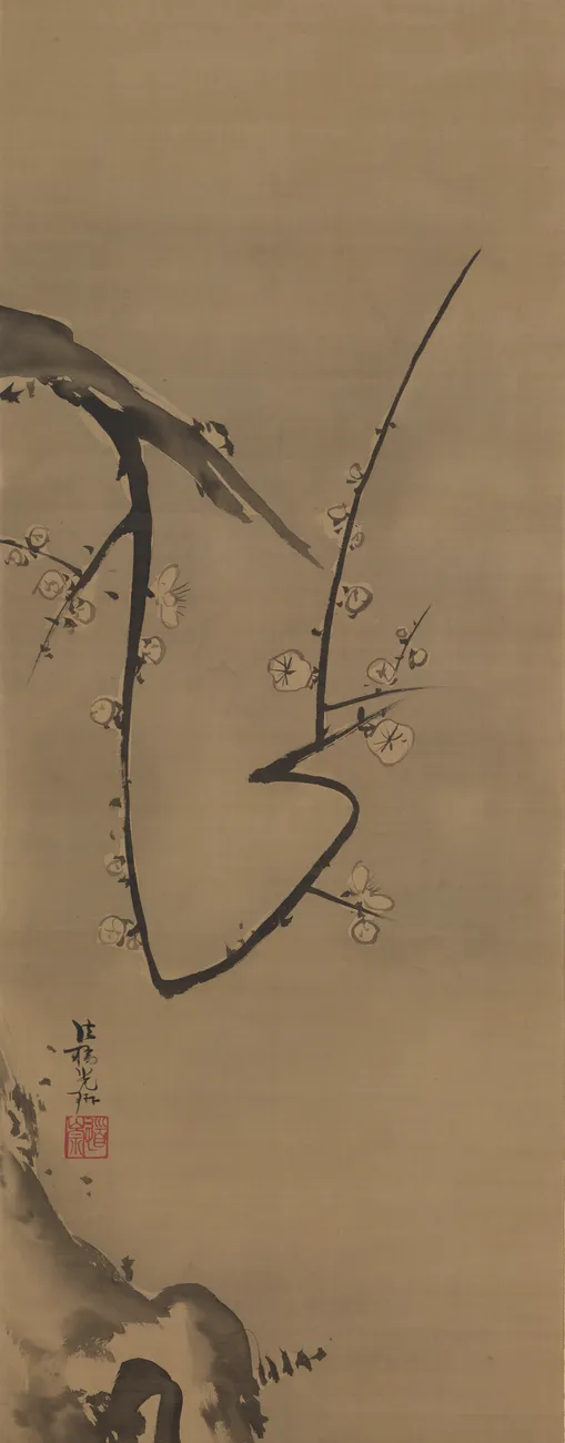 Plum Tree, a hanging scroll, ink on silk, the painting about ninety four centimetres tall. No gold, no mineral colour, no screen. Cleveland reads the white blossoms as reserve: he washed ink across the silk and worked around the flowers, leaving them as bare silk, then went back in for the petals and the stamens.