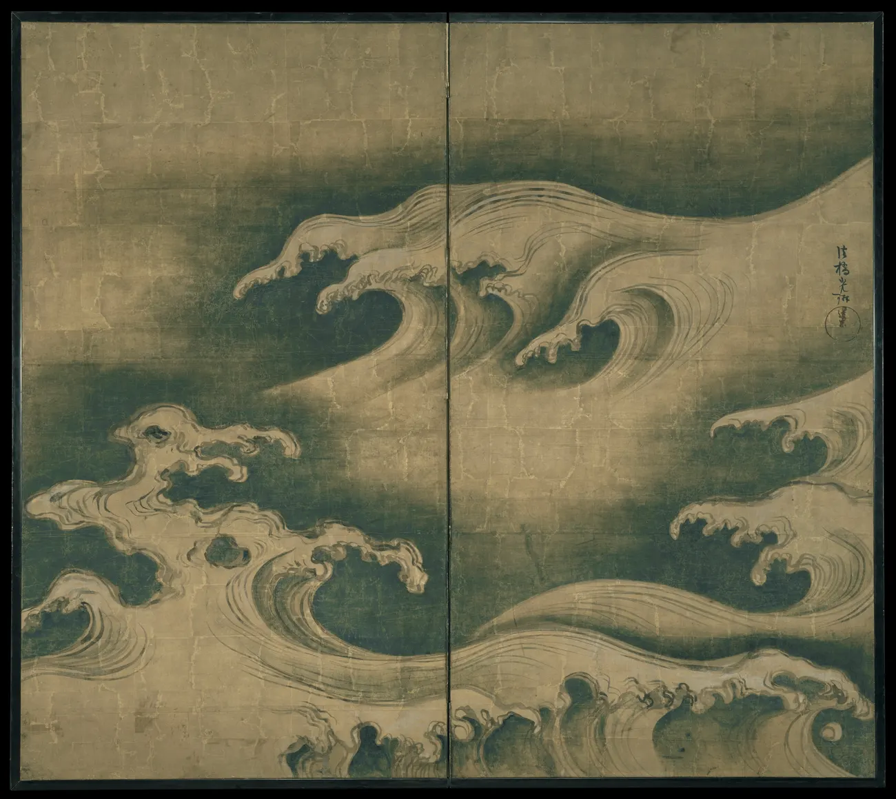Rough Waves, a screen of two panels roughly a metre and a half square, ink and colour on gold leaf. The gold has darkened with age, so a surface built to throw light back now reads as a grey green sea. Waves fill the whole thing. No shore, no boat, no sky, and nothing to give the water a scale.