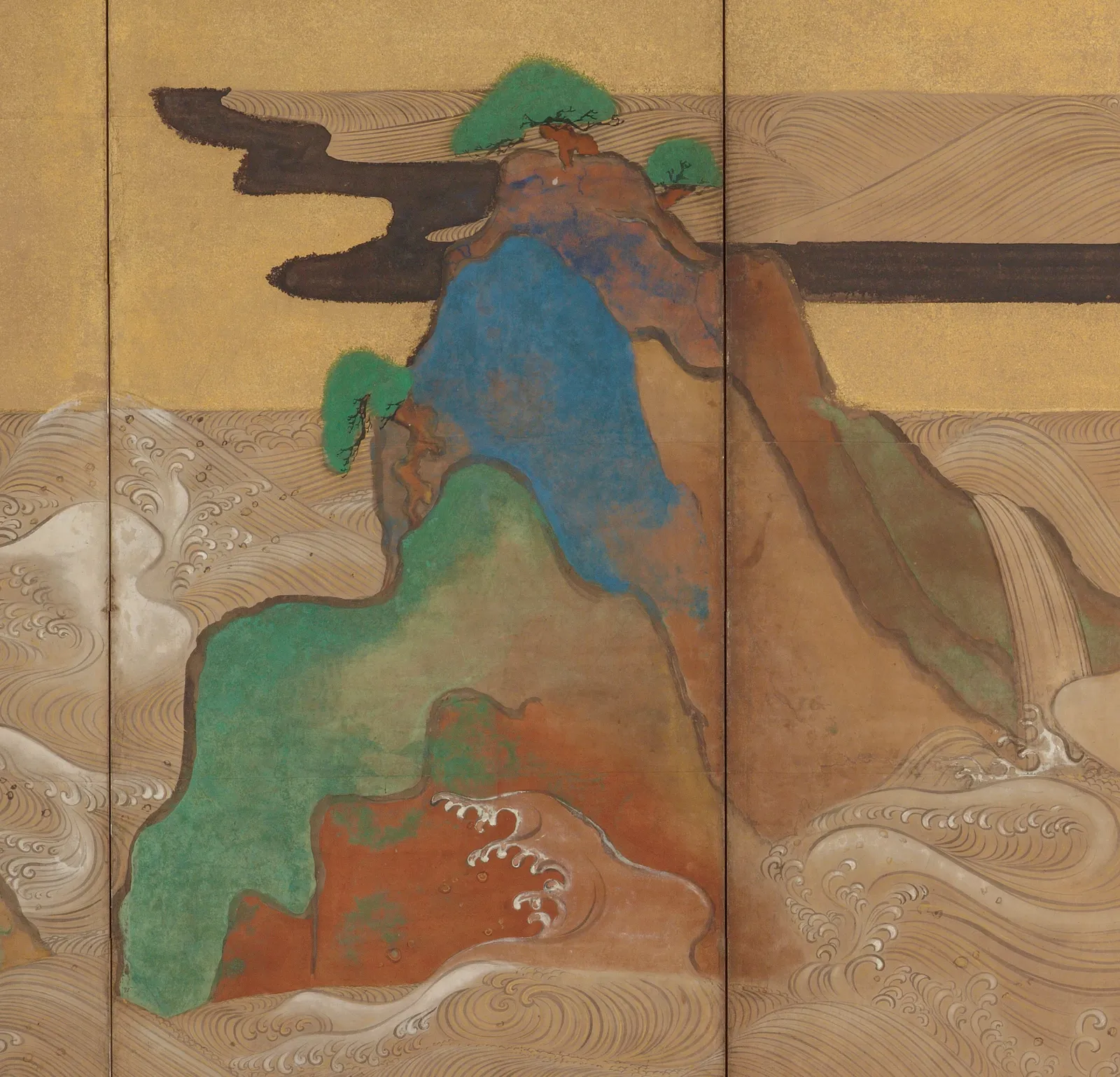 Detail of Sōtatsu's Waves at Matsushima in the Freer collection, the kind of thing Kōrin was studying. Every rock is one colour dropped into another still wet: blue into brown, green into orange, each pool drying with a darker line where it stopped moving. Sōtatsu is the first Japanese painter known to have used this consistently. Kōrin took it and put it on plum bark.