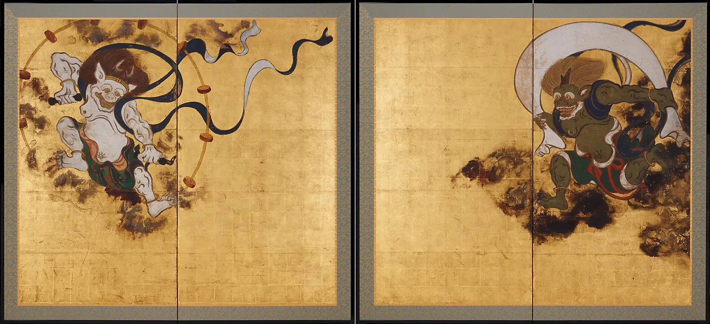 Sōtatsu's Wind God and Thunder God, seventeenth century, a National Treasure held for the Kennin-ji temple in Kyoto. Both gods sit hard against the outer edges and the frame cuts into them. The entire middle of the pair is empty gold, and the Kyoto National Museum reads that gold as space rather than background, which is what lets two figures at the far corners hold a composition.