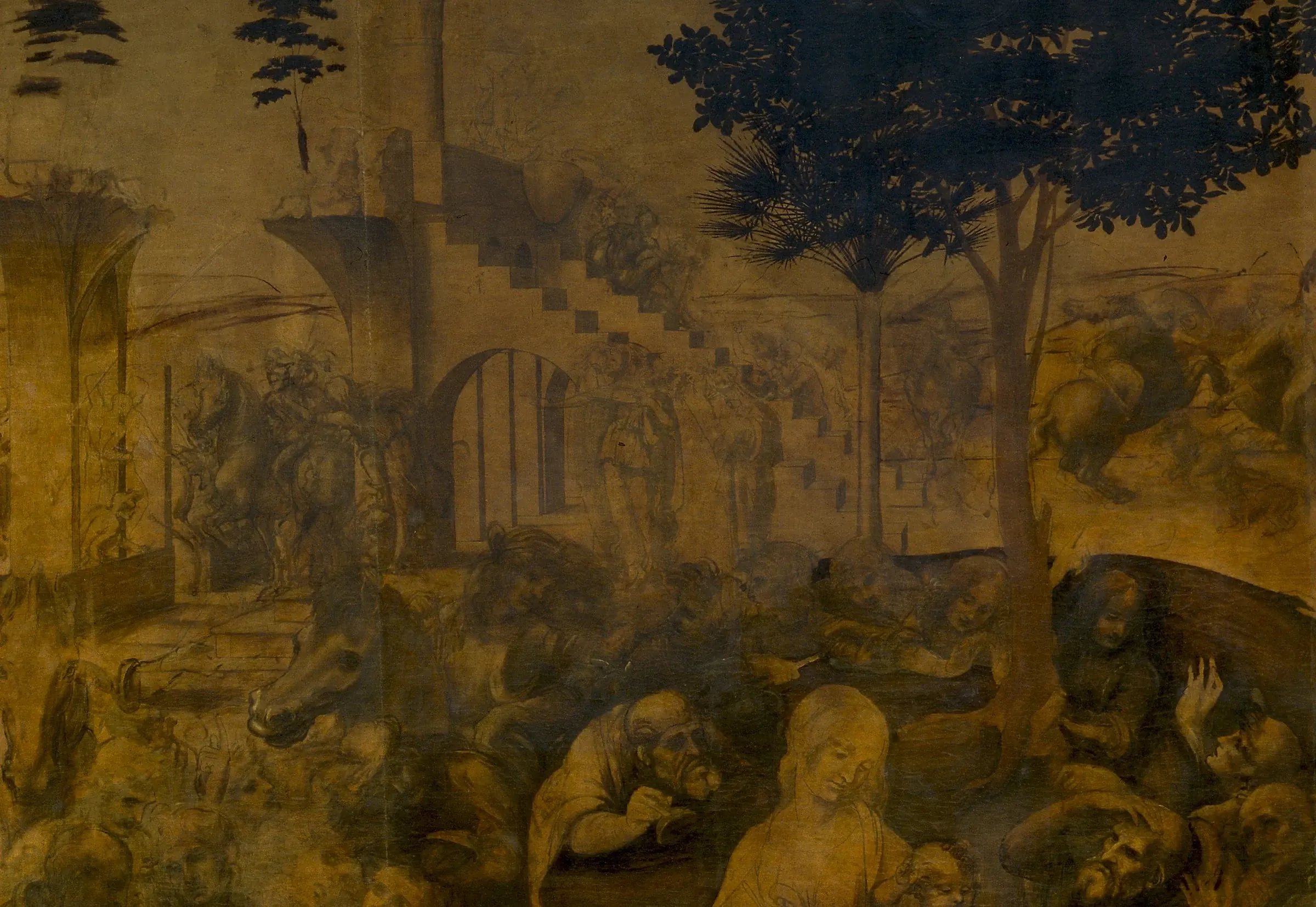The unfinished Adoration of the Magi stops at the brown lay-in, so the foundation stands exposed: stairs, arches, horses and dozens of figures drawn and shaded in monochrome before any color went down. The layer every later stage would have been resting on.