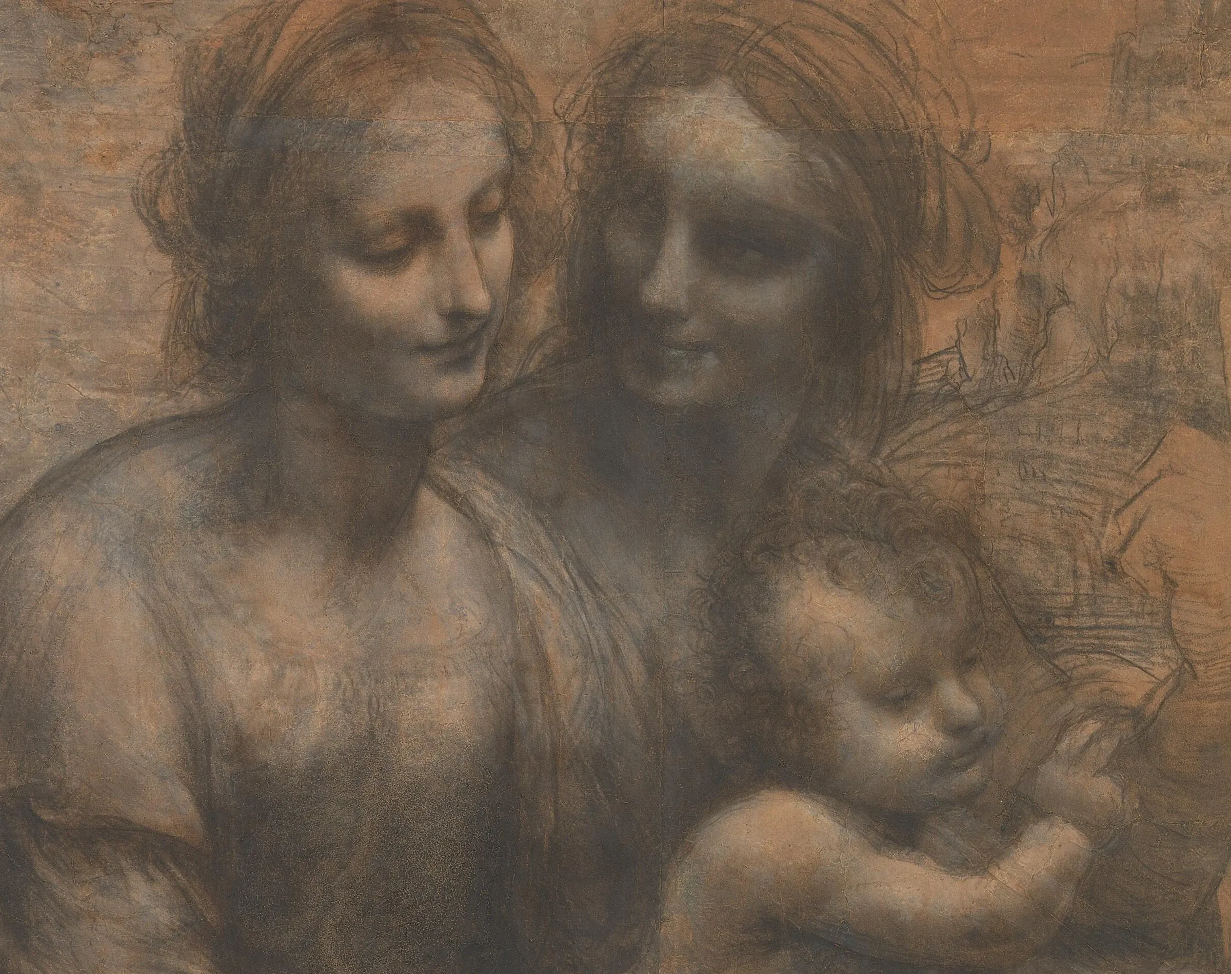 Detail of the Burlington House Cartoon: charcoal on paper at life size, the darks brushed in soft and the lights put back with white chalk. The sfumato of the paintings is already finished here, in a drawing, with no outline holding any of it in.