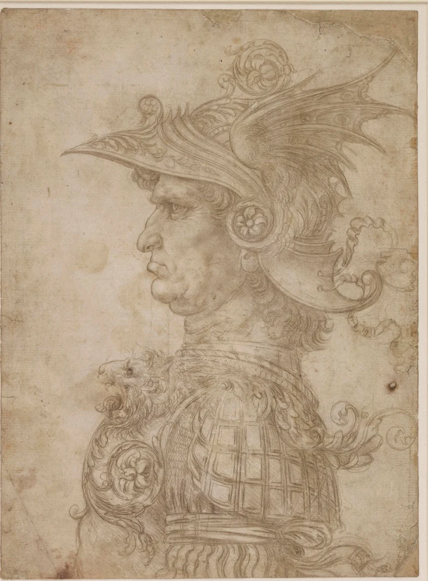 A Bust of a Warrior in Profile, from the Verrocchio years: silverpoint on prepared paper, where nothing can be rubbed out. The winged helmet, the lion on the breastplate and the old soldier's jaw all had to be right on the first pass.
