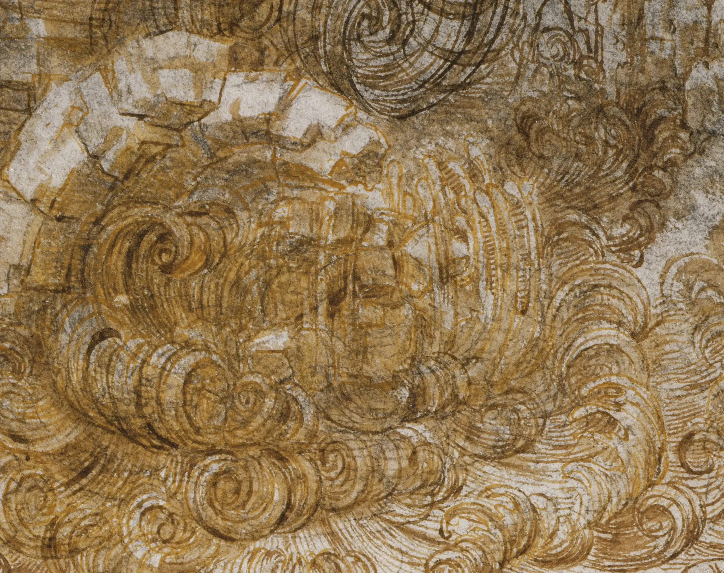 Detail of A Deluge: water and collapsing rock drawn as spirals in pen and ink over black chalk, with wash. He drew a storm the way he drew a shoulder, as a structure with a logic, and the same curling stroke does the work in both.
